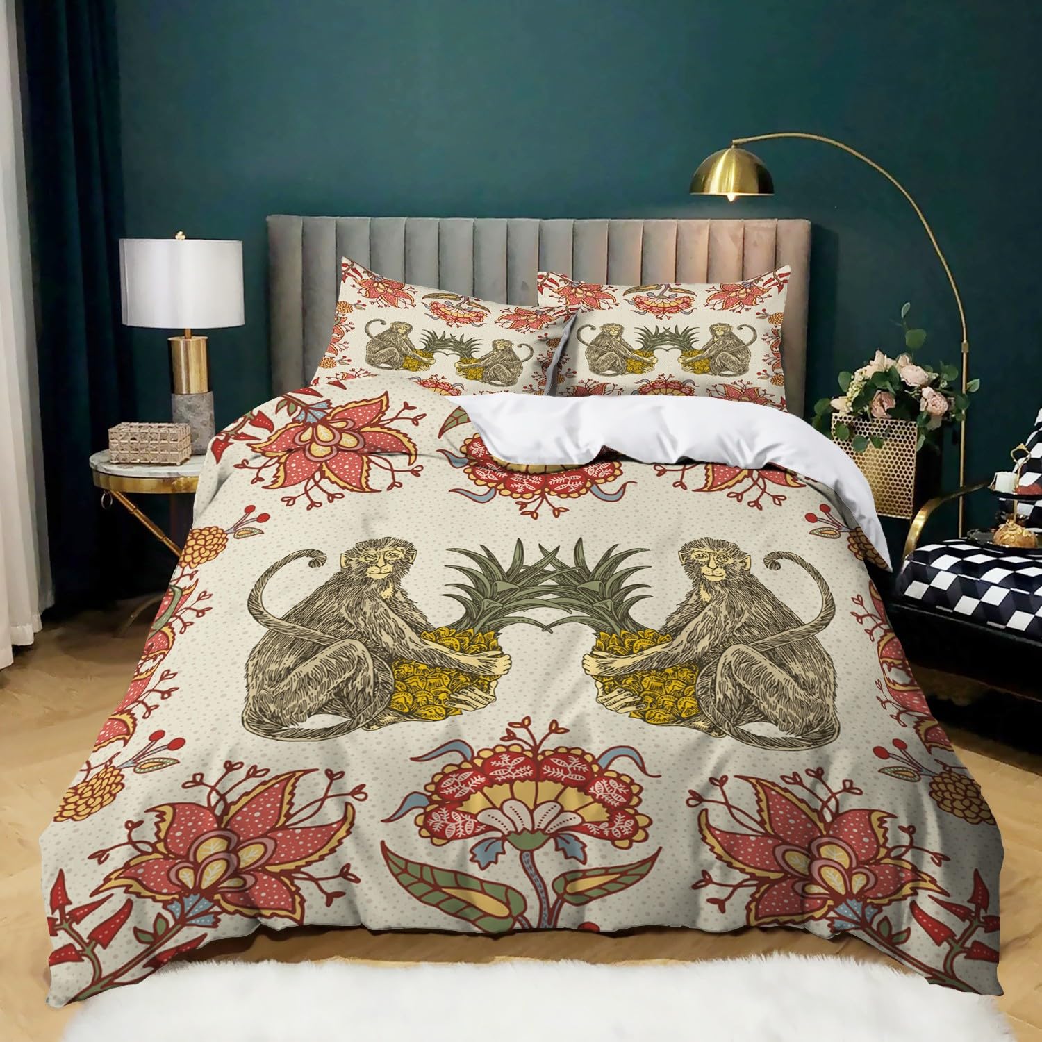 WHUOEUCO 寝具セット 3D モンキー&パイナップル クイーン 210 x 210 cm キング サイズ ピローケース キルト 羽毛 寝具 布団カバー セット カップル おしゃれ