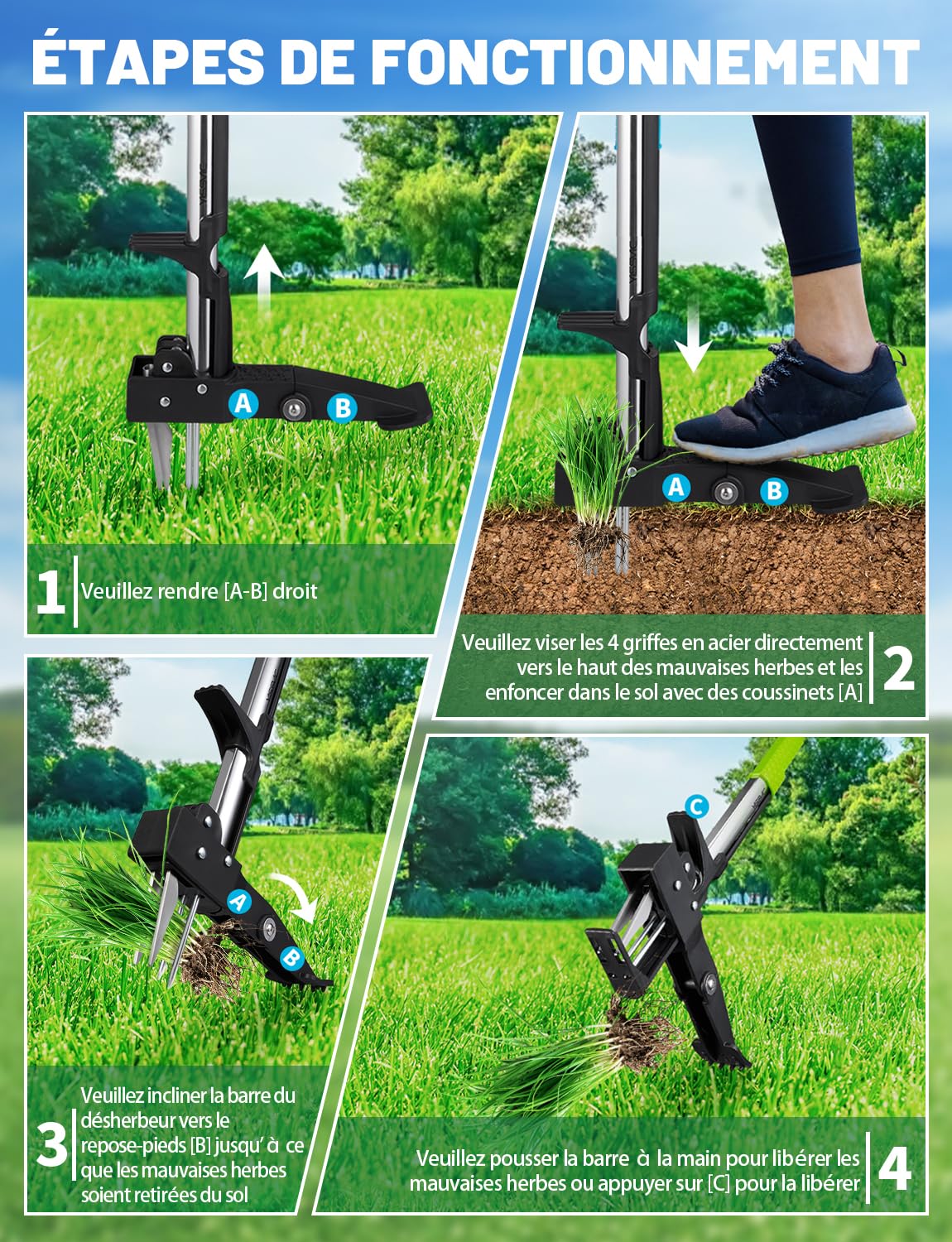 YISSVIC Désherbeur Manuel Arrache Mauvaise Herbe avec Pédale 4 Griffes Acier Inoxydable Long Manche Outil de Désherbage Solide pour Jardin Vert