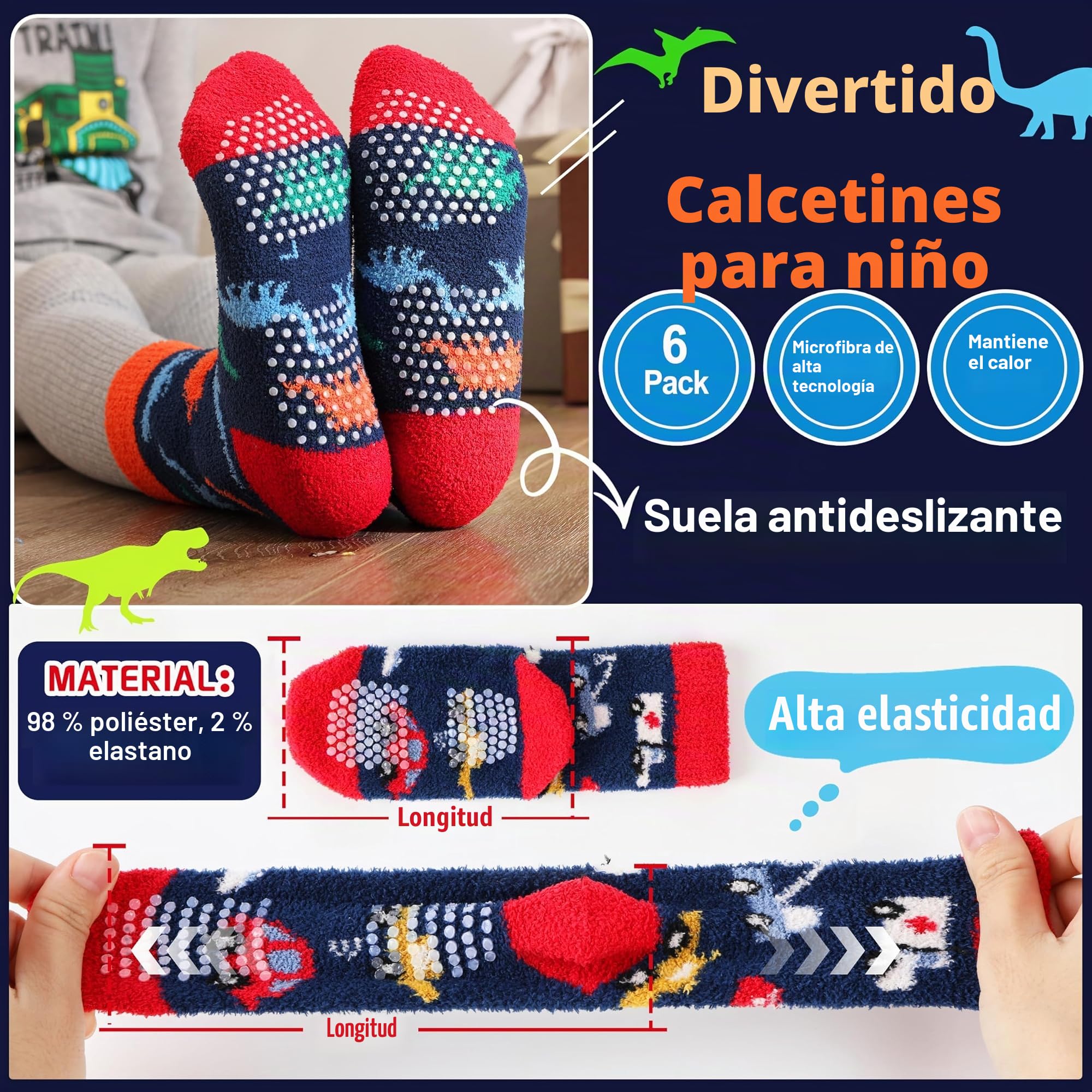 Welwoos 6 Pares Calcetines Antideslizantes Termicos Niños, Calcetines Divertidos Antideslizantes Invierno Transpirable para Niños Tallas 22-34