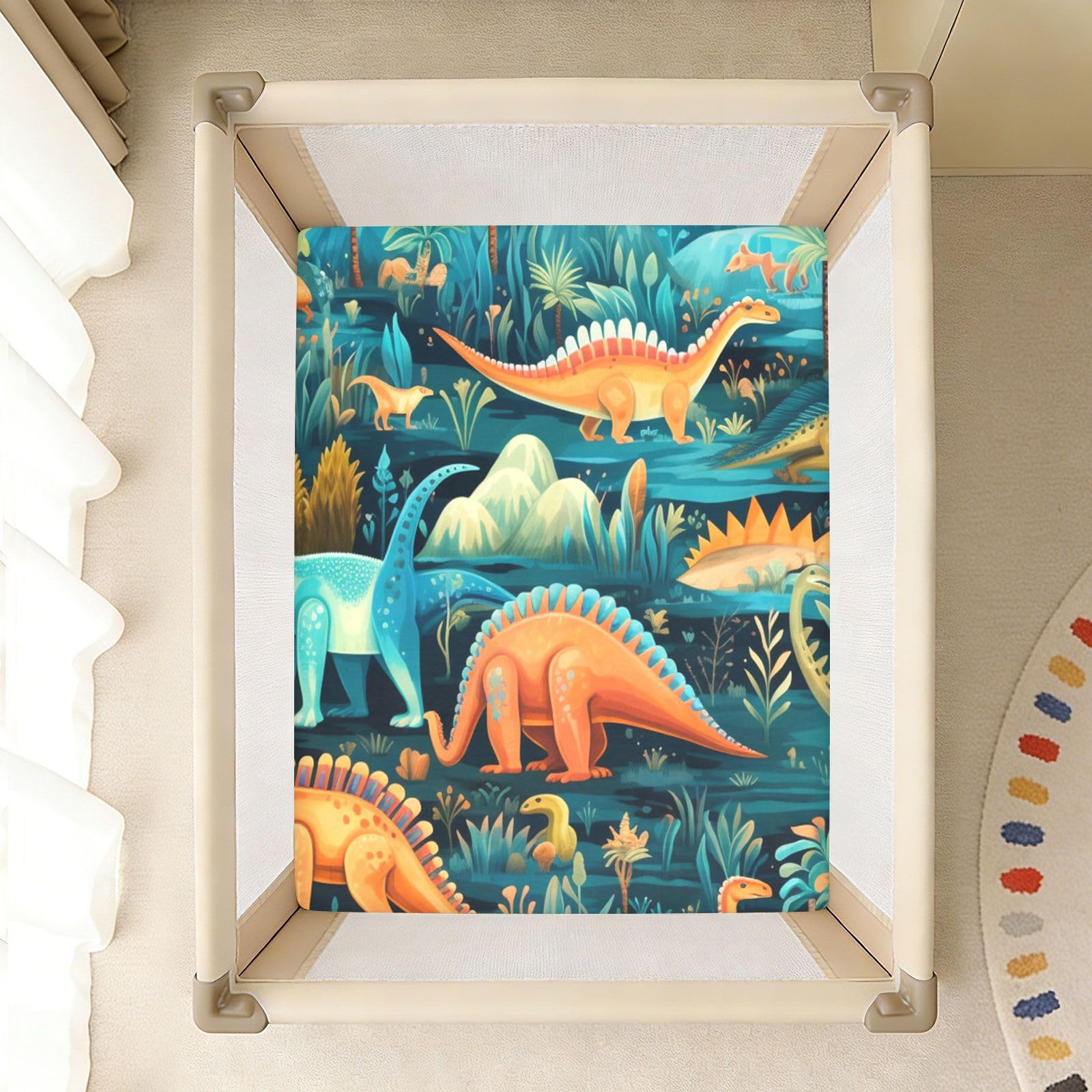 Dibujos Animados Cian Dinosaurios Arte Sábana de Cuna para Niños Pequeños,Sábanas de Algodón Suave para Bebés Aptas para Colchón Corralito