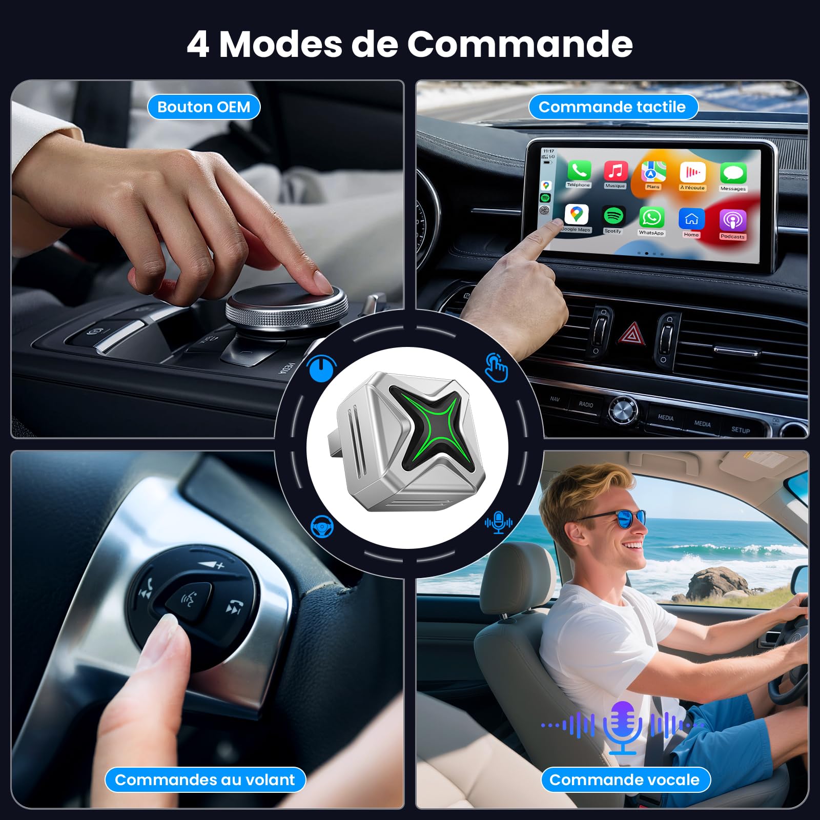 Adaptateur CarPlay sans Fil, 2-en-1 Dongle, Android Auto, Plug & Play | Convertit Filaire en Sans Fil, Changer d'Utilisateur en Un Clic, pour Voiture à partir de 2016, iOS 10+ et Android 11+