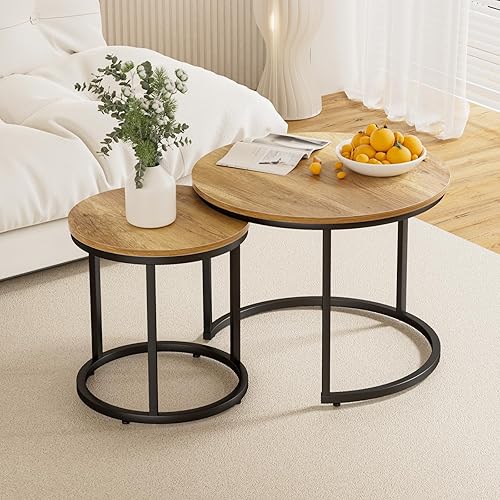 Juego de 2 mesas auxiliares anidables, mesa auxiliar redonda de 23.6 pulgadas, madera marrón con pies antideslizantes ajustables, mesas auxiliares