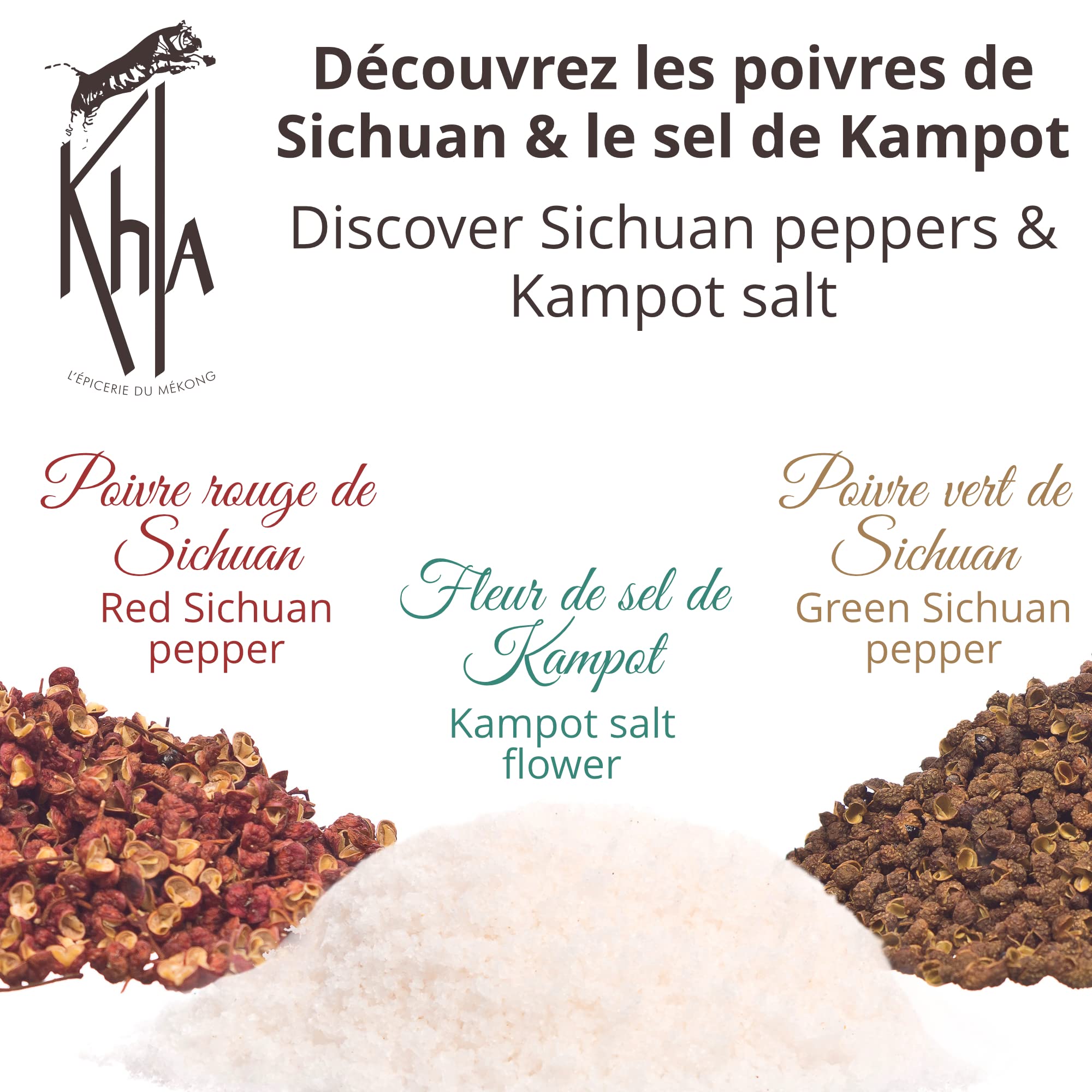 KHLA - Trío Mekong - Pimienta de Szechuan verde, Pimienta de Szechuan roja y Flor de sal de Kampot