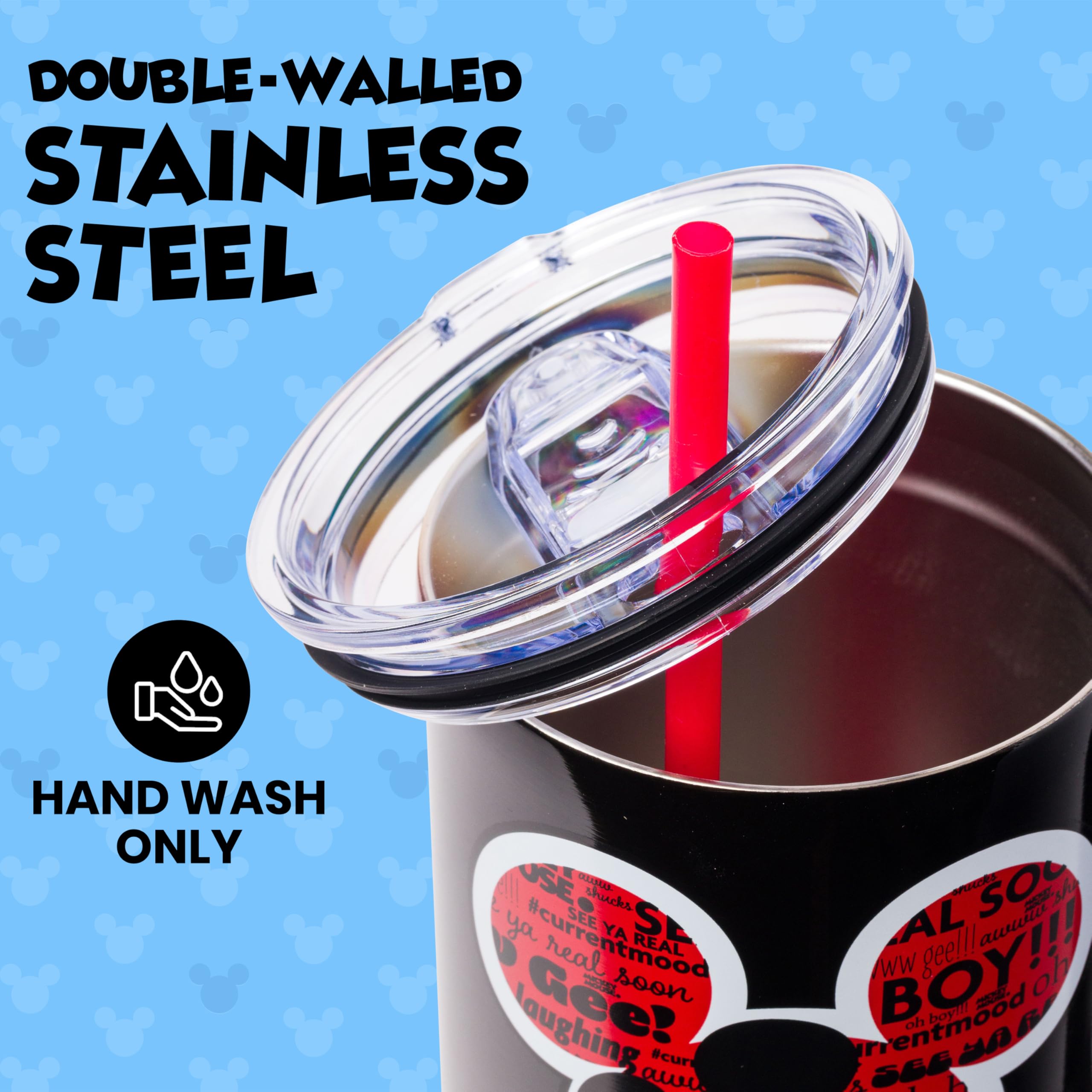 Silver Buffalo Disney Mickey Mouse Trinkglas, Edelstahl, 1.134 g | Classic Hashtag Current Mood #currentmood, doppelwandig, Griff, Strohhalm, passt in Standard-Becherhalter, 1,18 Liter