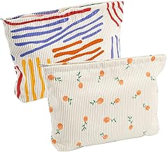 HEKOBAG 2PCS Bolsa de Maquillaje para Mujer, Bolsa de Aseo de Pana Portátil con Cremallera Neceser, Bolsa de Viaje para Maquillaje Floral y Rayas de Colores para Mujeres y Niñas Colegio Viajar