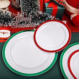 I00000 60PCS Christmas Plastic Plates, Red and Green Plastic Plates, Disposable Set Include 30 Green Dinner Plate, 30 Red Dessert Plate, Perfect for Christmas