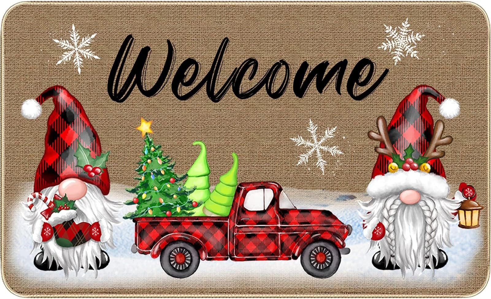 NALACAL Christmas Welcome Decorative Doormat, Cute Christmas Gnomes Entrance Doormat Floor Mat, Non Slip Rubber Backing Floor Mat Santa Snowflakes Door Mat for Outdoor Indoor Entrance, 29 x 17 Inch