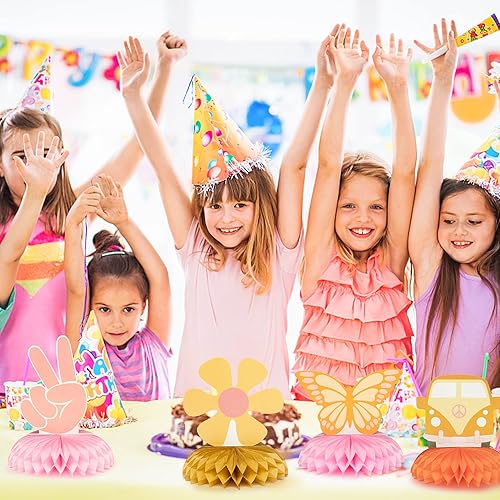 Miniatura 5 de A1diee 9 piezas Groovy Hippie Boho Party Honeycomb Centers Retro Boho Rainbow Daisy Flower Butterfly Peace Theme Decoración de fiesta de cumpleaños