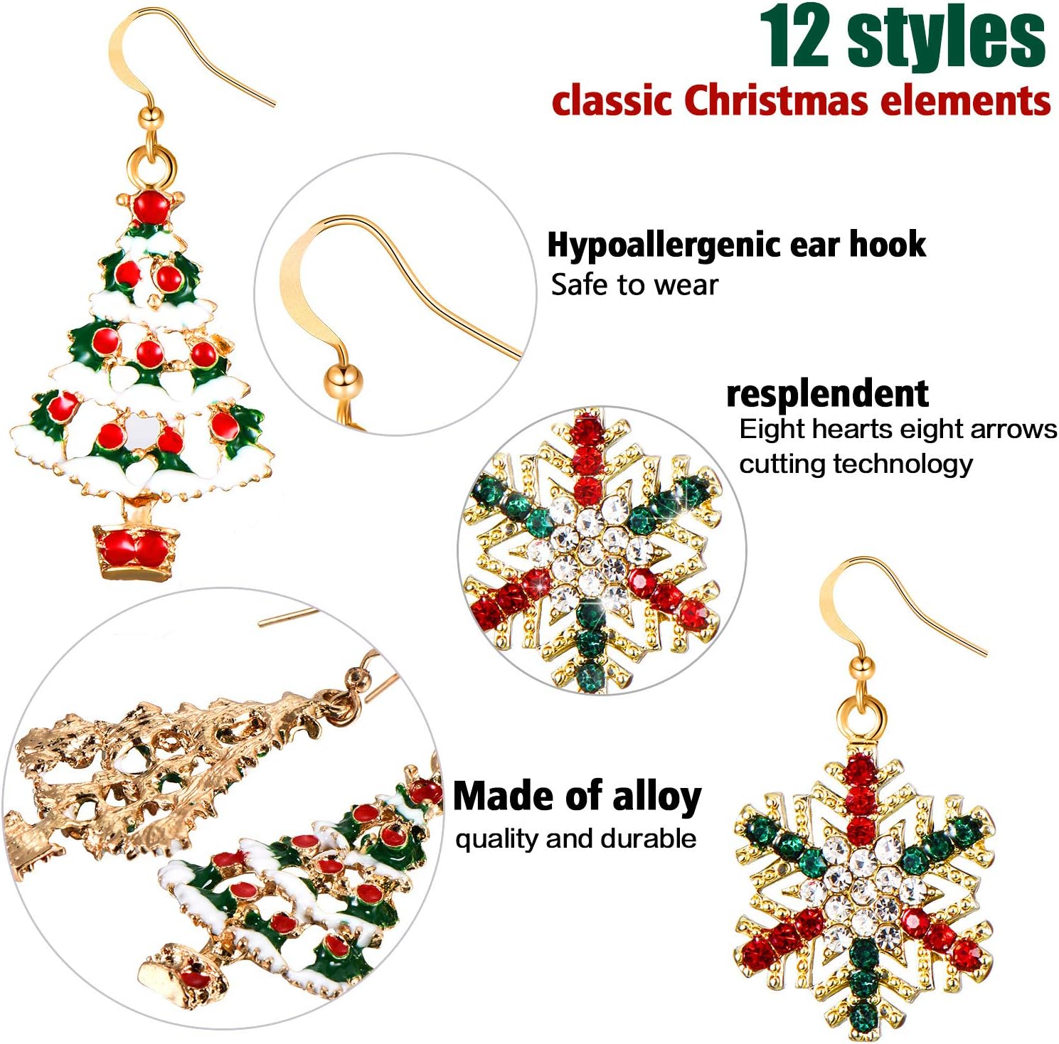 12 Pairs Christmas Earrings for Women Xmas Dangle Earrings Holiday Jewelry Gifts Sets Bulk Tree Snowflake Elk Santa Socks Bells Snowman Gift Box Cute Accessories for Christmas Party - Image 3