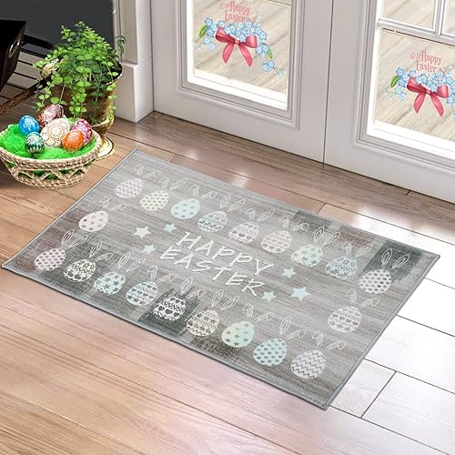 RUGSREAL Tapete de huevo de Pascua duradero, tapete de feliz Pascua, fácil de limpiar, antideslizante, diseño de perfil bajo, tapete de interior