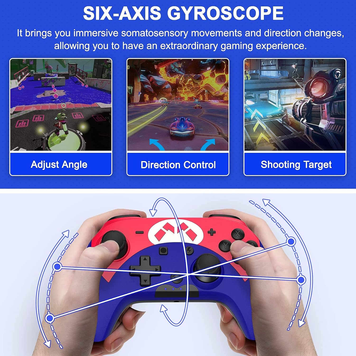 Image demonstrating six-axis gyroscope functionality for adjusting angle, direction control, and shooting target in games.