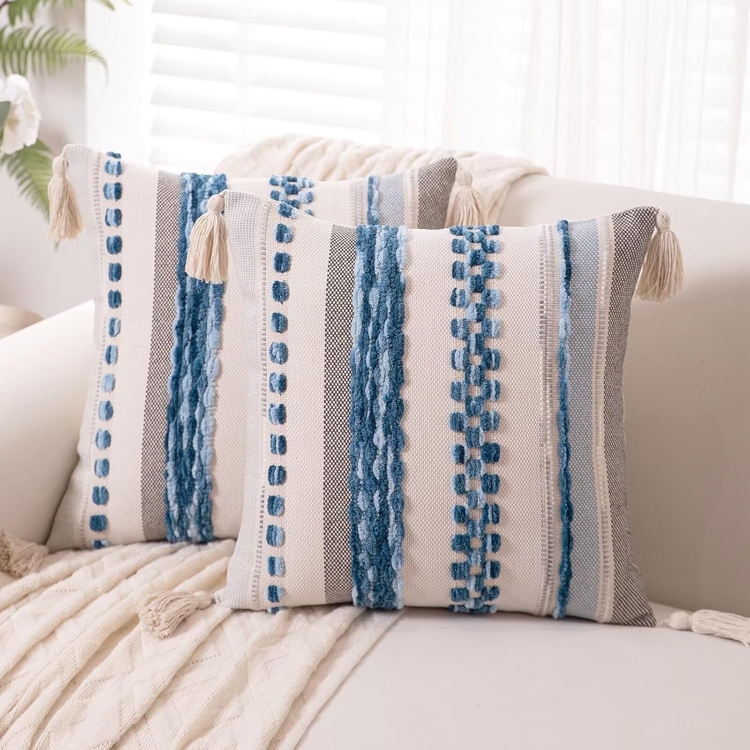 Boho Throw Pillow Covers 18x18 Set of 2 Woven Tufted Farmhouse Pillows Cover with Tassels Textured Striped Cushion Case Neutral Pillow Cases Decorative Pillowcase for Sofa Couch,Light Blue