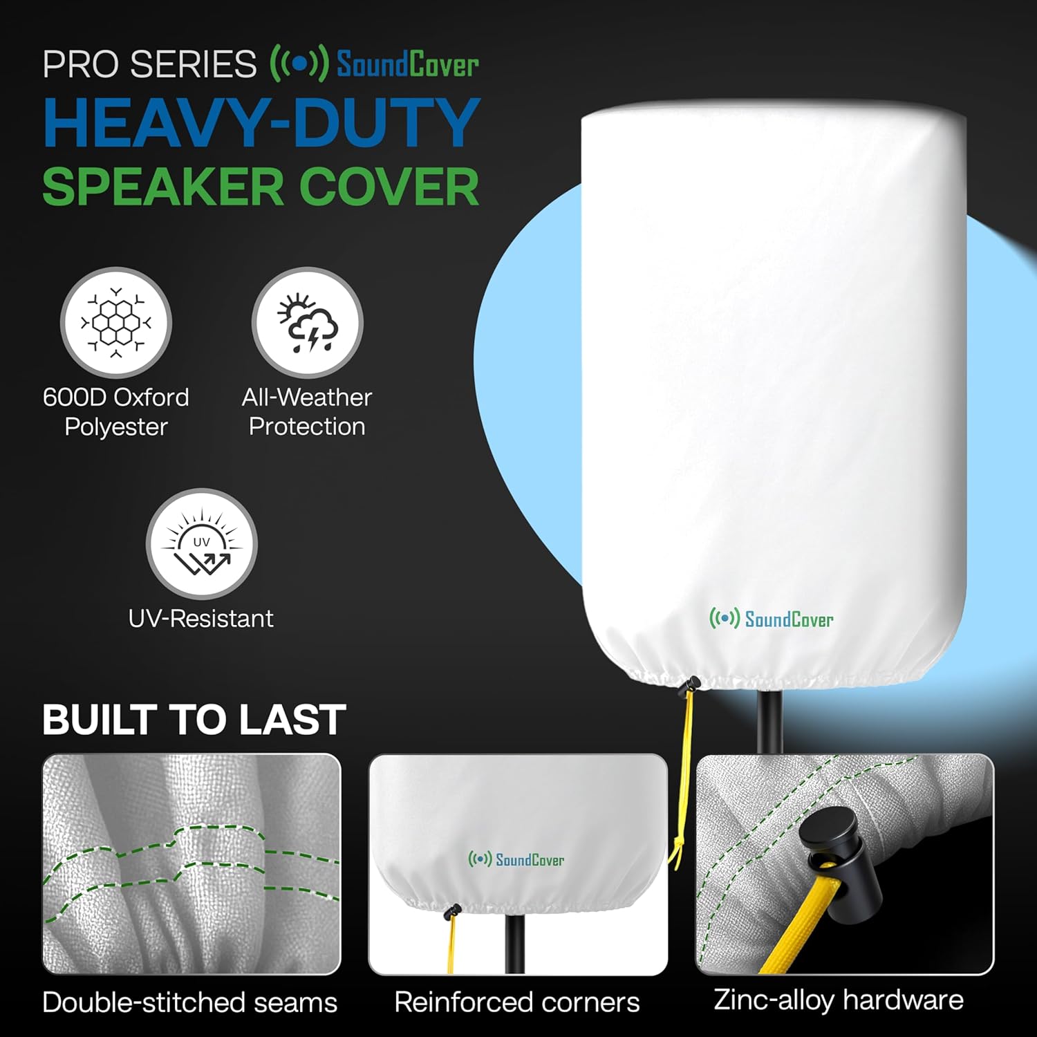 Professional Grade 600D Protective Cover for Stand Mounted 10" PA/DJ Powered Speaker - White - Includes a 420D Storage Bag and reinforced yellow Paracord 700 draw cord