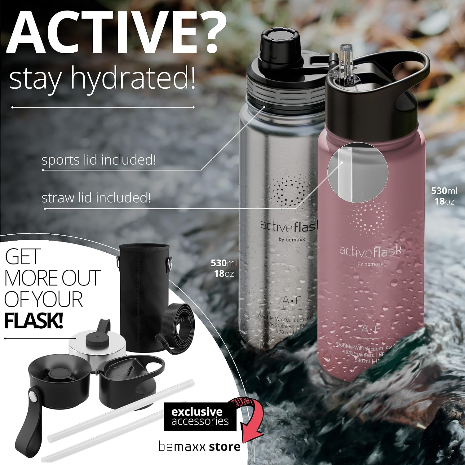 Stainless Steel Water Bottle with Straw, Infuser & 3 Lids: 18/32 OZ Leak-Proof Vacuum Insulated ACTIVE FLASK Drinking Bottles Hot Cold: Double Walled Outdoor Drink Thermo Mug Tea Coffee Sport Gym Bike image 4