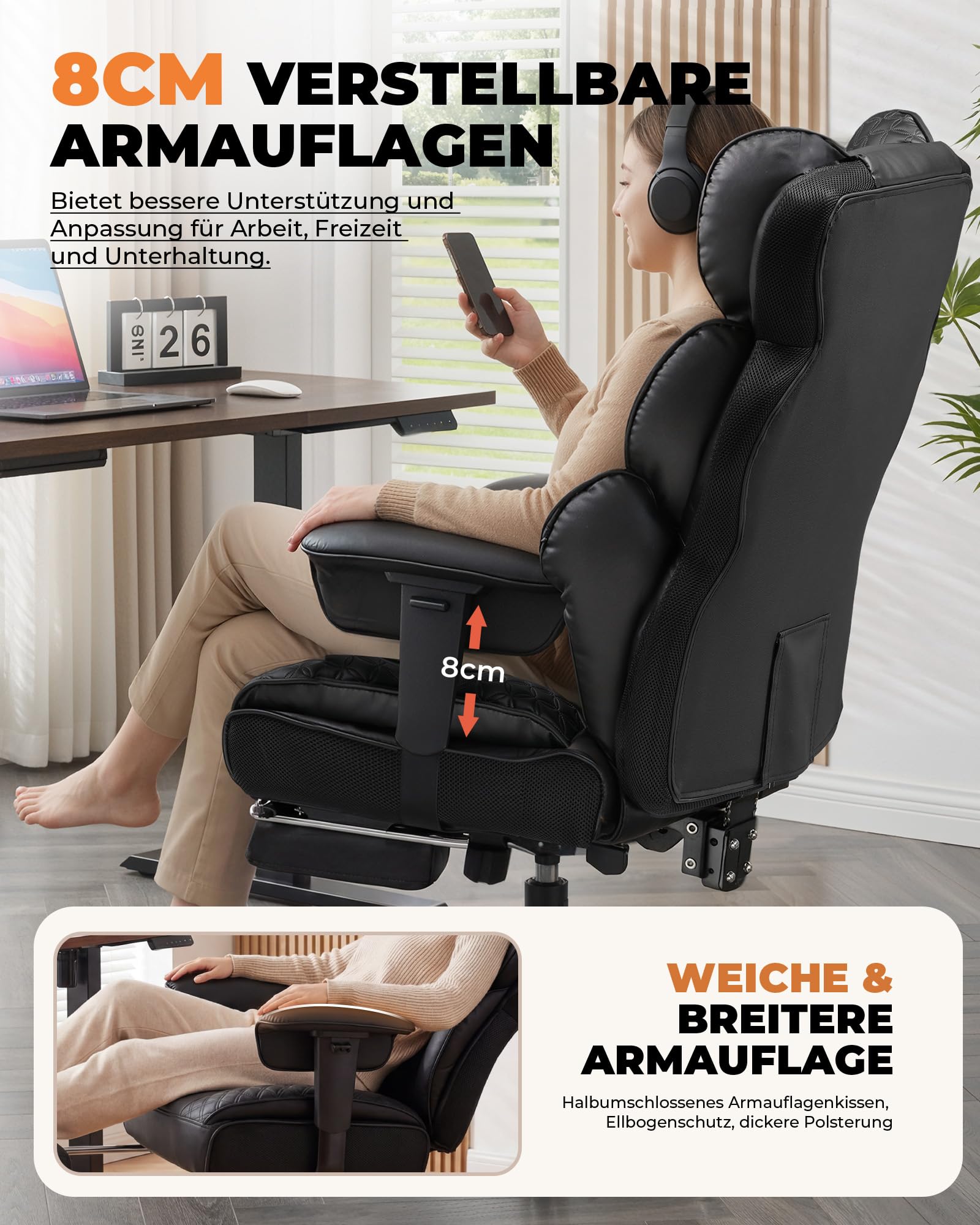 COMHOMA Ergonomischer Gaming Stuhl, Bürostuhl 180 kg, mit Verstellbarer Lendenstütze & Fußstütze, Hybrid-Design aus Kunstleder & Mesh, 150° verstellbare Rückenlehne, hoher Chefsessel, Schwarz