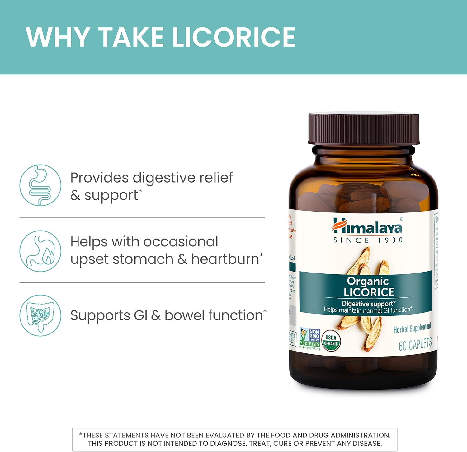 Himalaya Organic Licorice, 120 Day Supply - Digestive Health Supplement for Upset Stomach, Occasional Bloating and Heartburn - USDA Organic, Vegan, Non-GMO, Non-DGL, Gluten Free, 60 Caplets, 2 Pack - Image 4