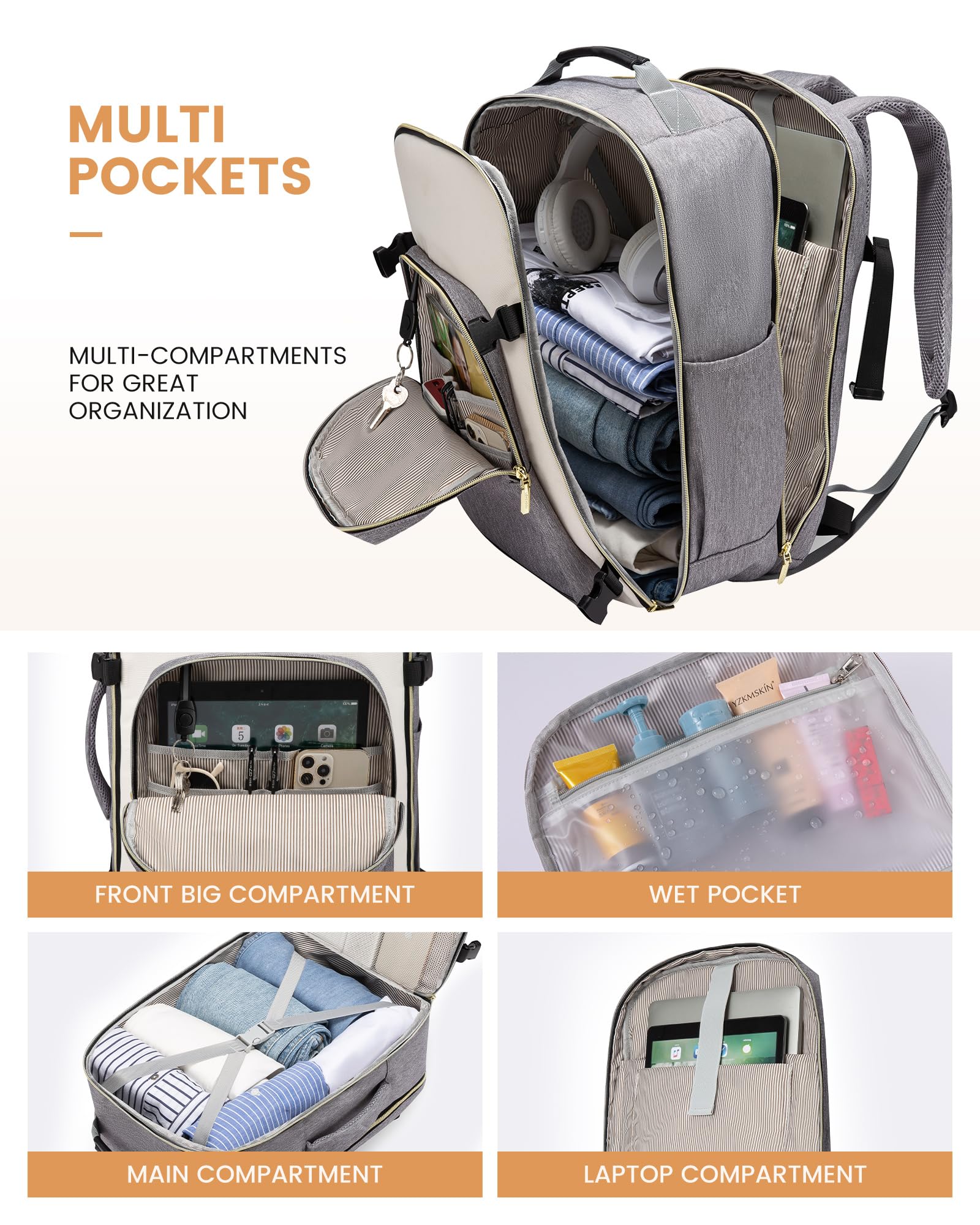 LOVEVOOK Zaino da Viaggio Grande Zaino Ryanair Easyjet 40 Litri Valigia Bagalio a Mano 45X36X20 Zaino Donna Uomo Zaino Impermeabile Zaino Porta PC 17 Pollici Travel Backpack per Lavoro Scuola Aereo