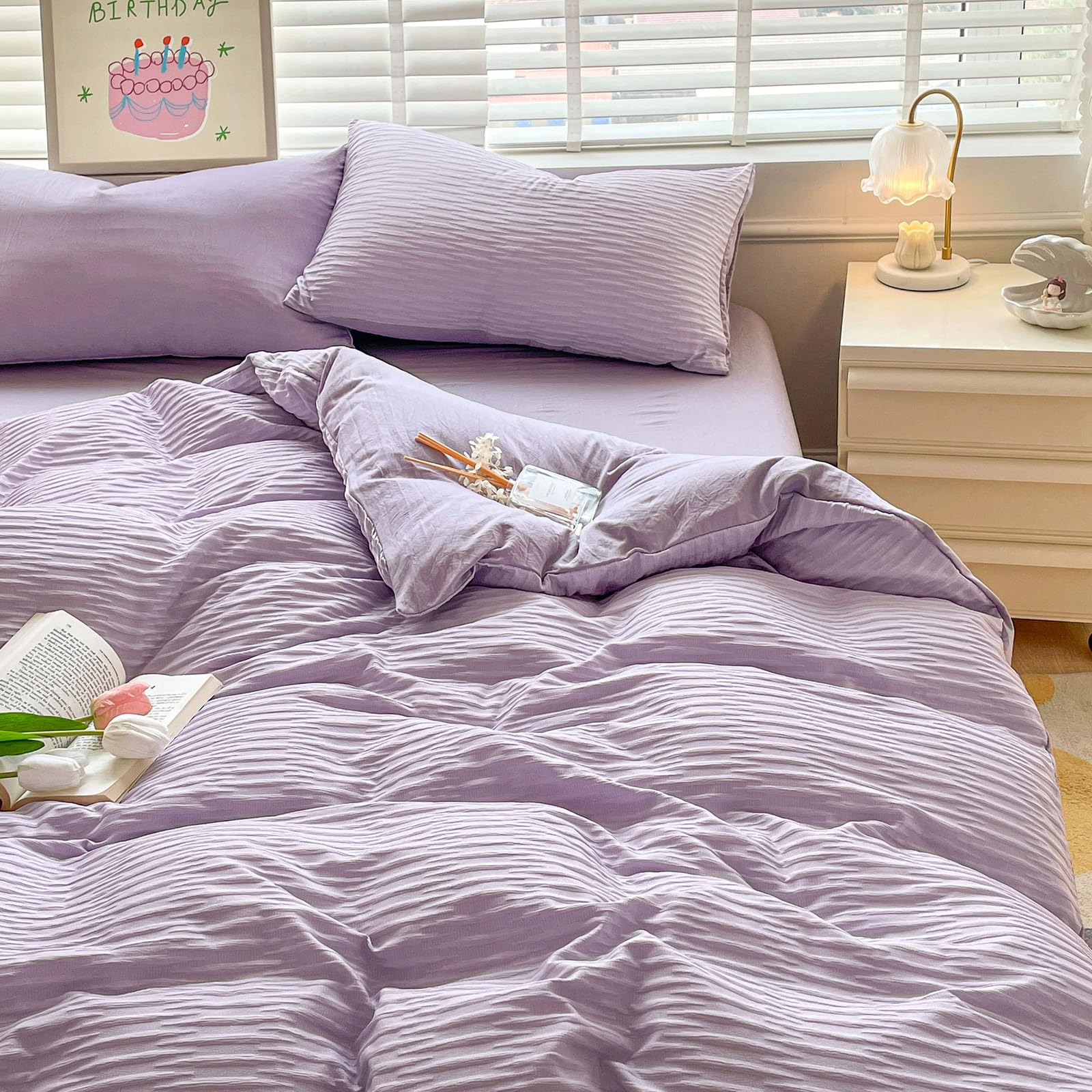 Seersucker Duvet Cover Set Double Size Beddding Set including Pillowcases for Teens Adults Soft Microfiber Polyester Seersucker Bedding - Image 3