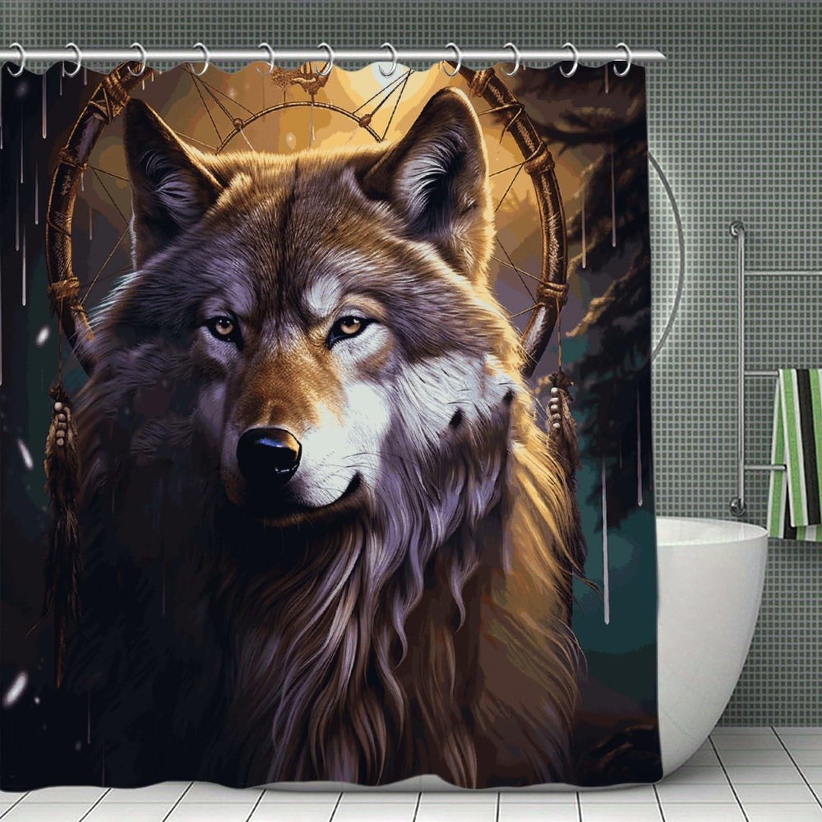 VstaDank Wolves and Dream Catchers Shower Curtain 71x71 Heavy Duty Polyester Cloth Bath Curtain with Hooks Thick Waterproof Shower Liner Fun Magic Decorative Bathroom Curtains for Bathtub