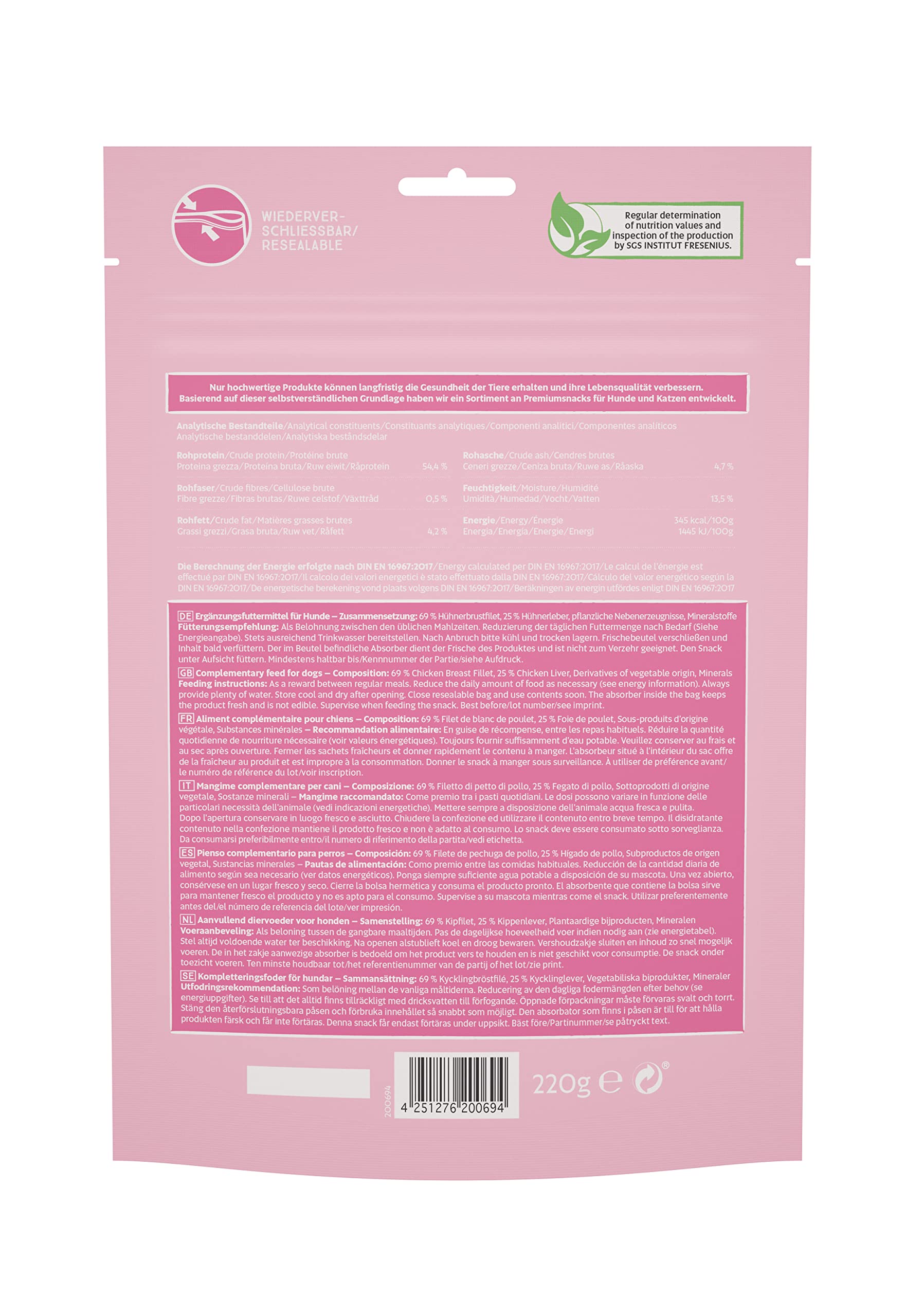 DOKAS Getreidefreier Premium Snack mit Hühnerbrust für Hunde – Ideal für zwischendurch, 8er Pack (8x220 g)