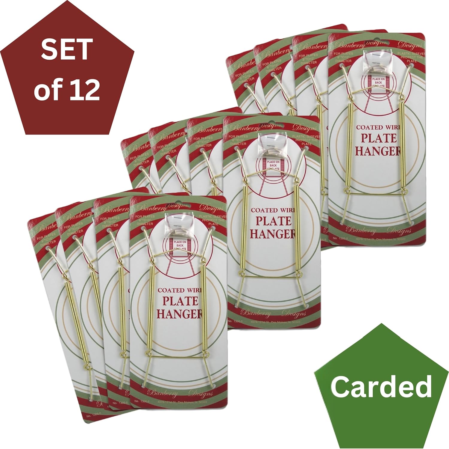 Brass Vinyl Coated Plate Hanger 8 to 10 Inch - Set of 12 Pcs - Clear Vinyl Sleeves Protect The Plate - Hook and Nail Included