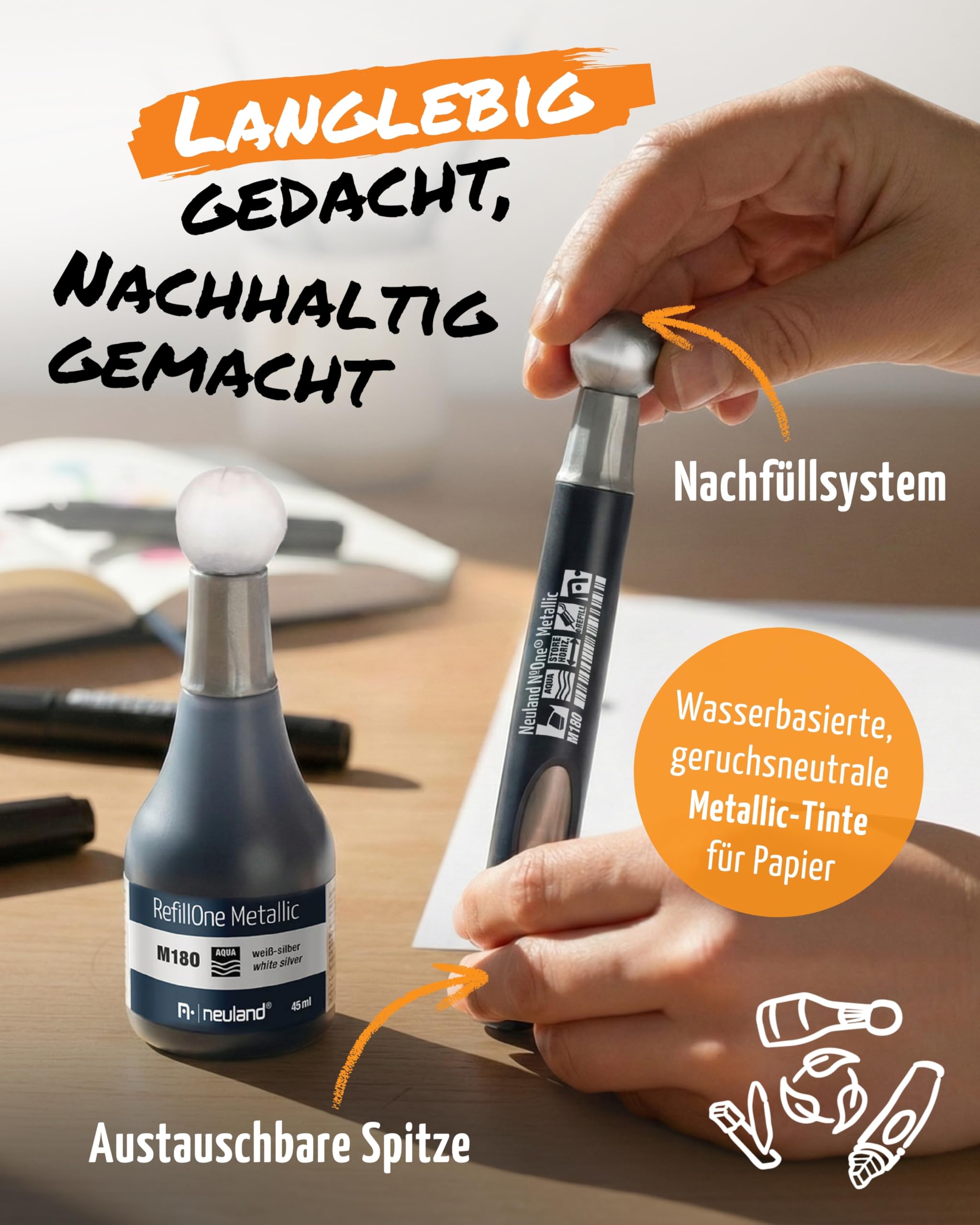 Neuland Metallic Moments Set I 5 Metallic-Marker mit Keilspitze 2-6 mm inkl. Skizzenbuch & Stiftemäppchen I Nachfüllbare, ergonomische Marker & Zubehör I Ideal für kreative Visualisierungen