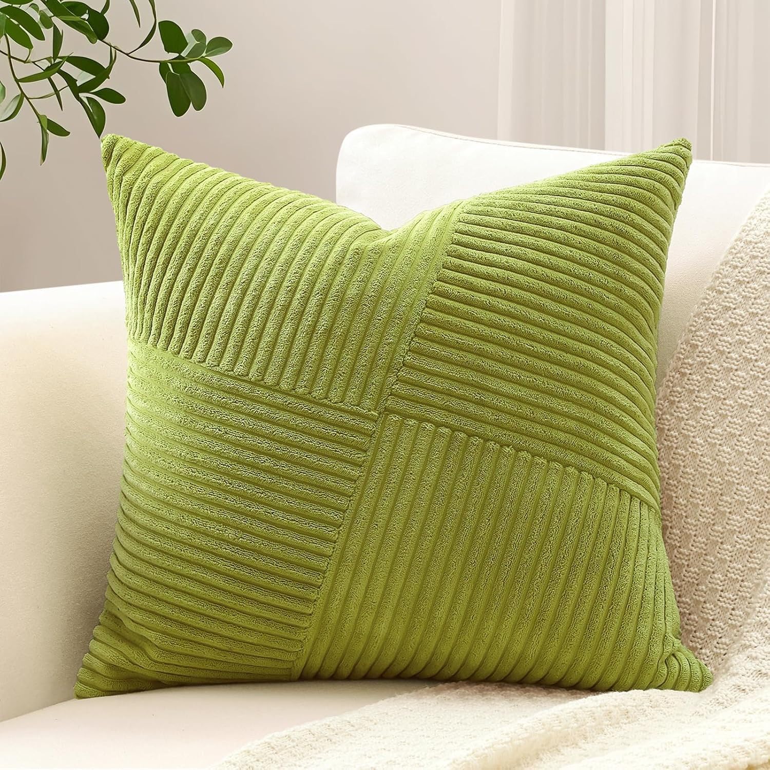 Plancholo Boho Decorative Throw Pillow Cover 18x18 Inch Soft Corduroy Striped Patchwork Windmill Textured Cushion Case for Couch Sofa Bed, Green
