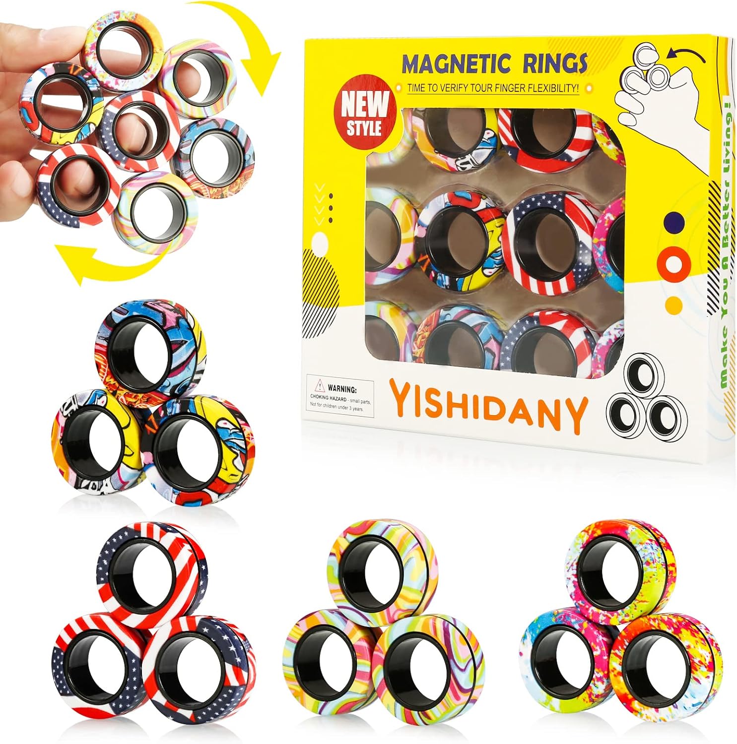 12Pcs Magnetic Rings Fidget Toys Pack, Magnets Finger Spinner for ADHD Stress Relief, Tire Style Magical Fidget Rings for Training Relieves Autism Anxiety, Great Idea Gift for Adults Teens Kids