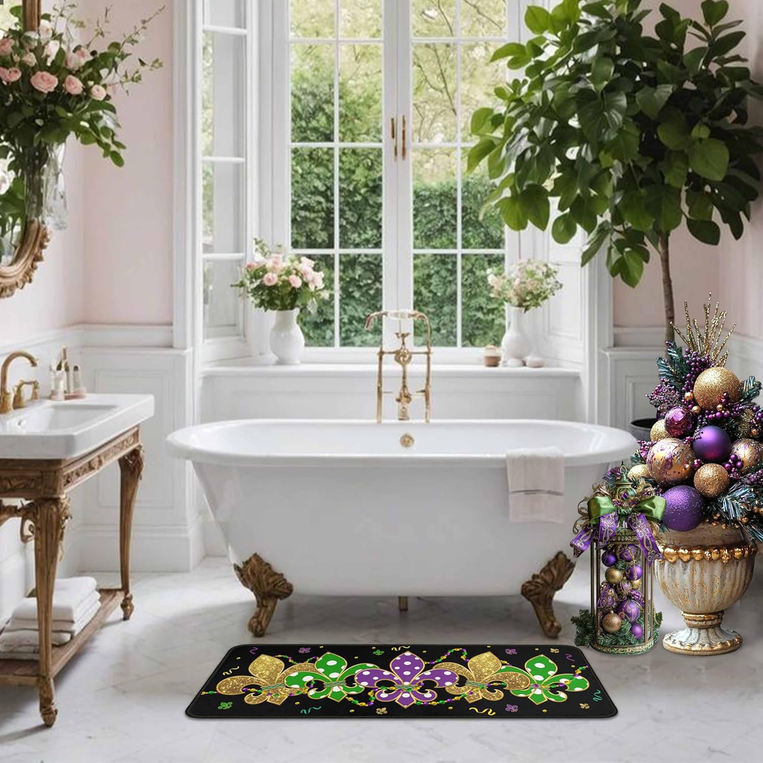 Mardi Gras Kitchen Rug Set of 2, Carnival Absorbent Washable Non-Slip Comfort Standing Floor Mat for Kitchen Bathroom Living Room Sink Laundry