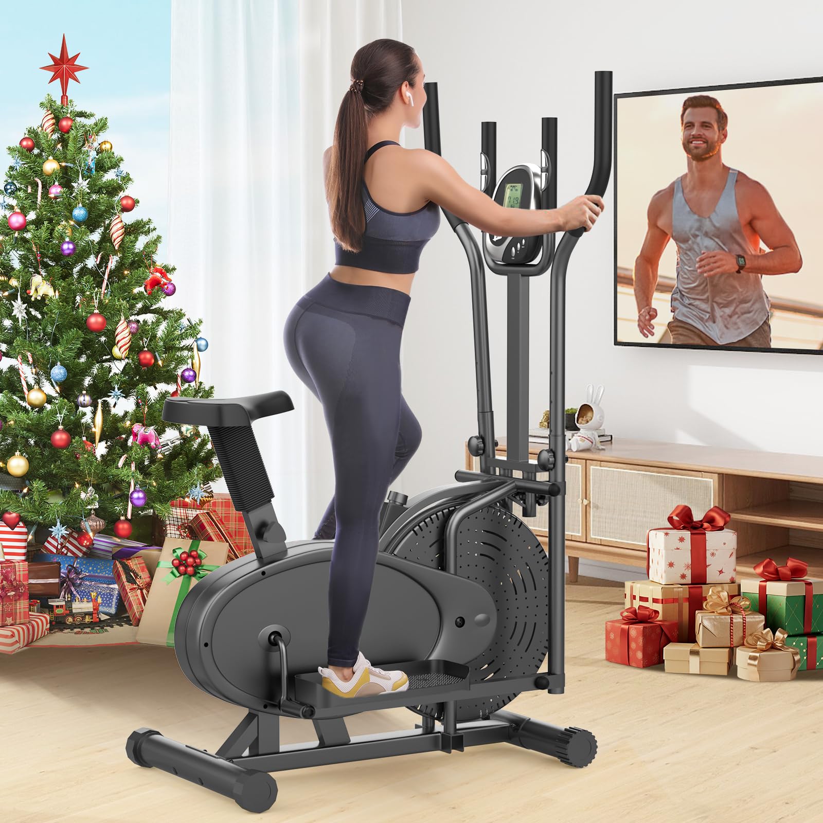 Vélo elliptique, 2 en 1 Crosstrainer & Vélo d'exercice avec Siège, Moniteur LCD, Résistance Réglable, Pédale Antidérapante, Stepper Elliptique Machine D'entraînement de Fitness à Domicile