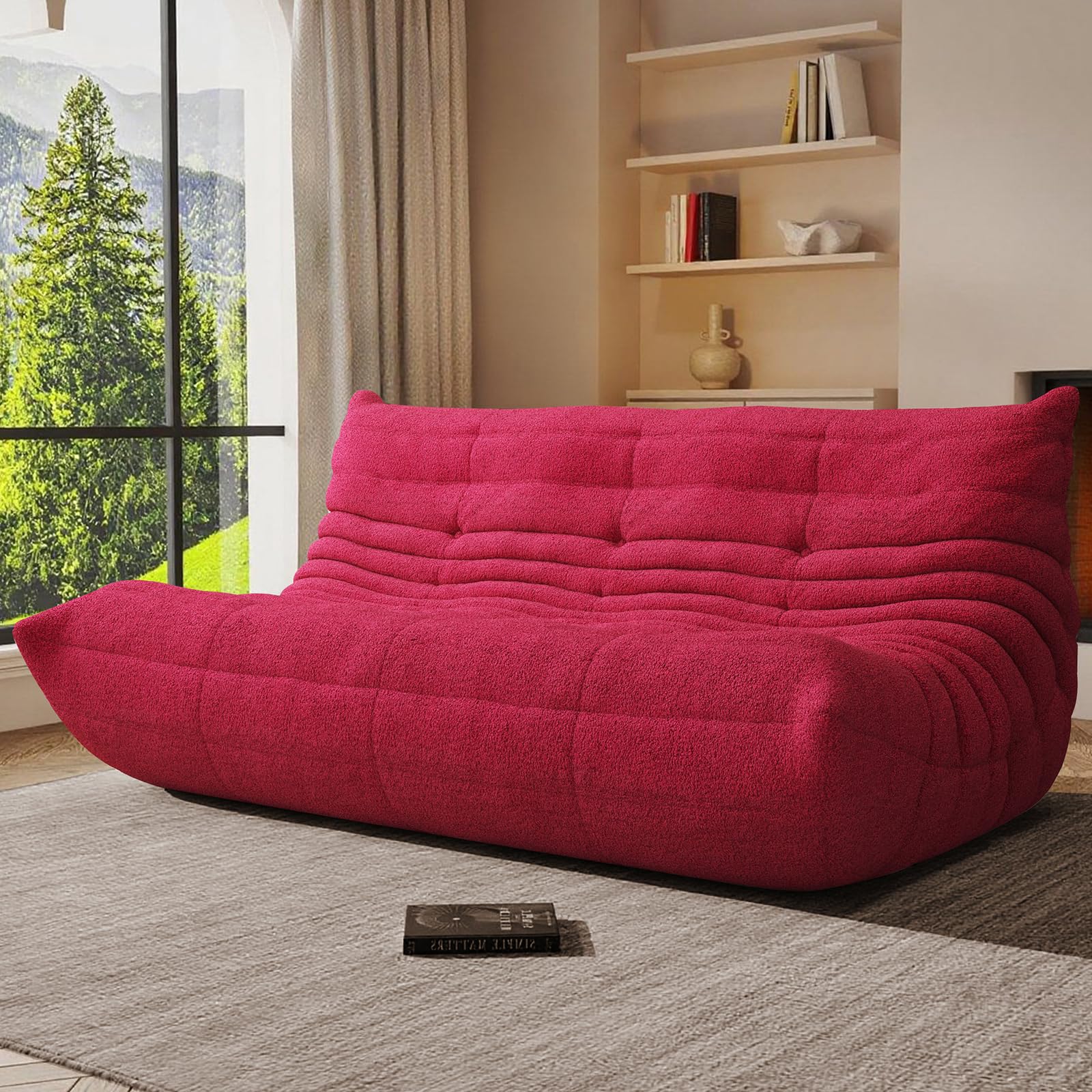 Giant Bean Bag Chair, Oversized Cloud Soft Memory Foam Bean Bag Sofa, Vacuum Compressed No Assembly Comfortable Lounge Couch for Living Room Family Rest Leisure Use (Burgundy, 3-Seater)