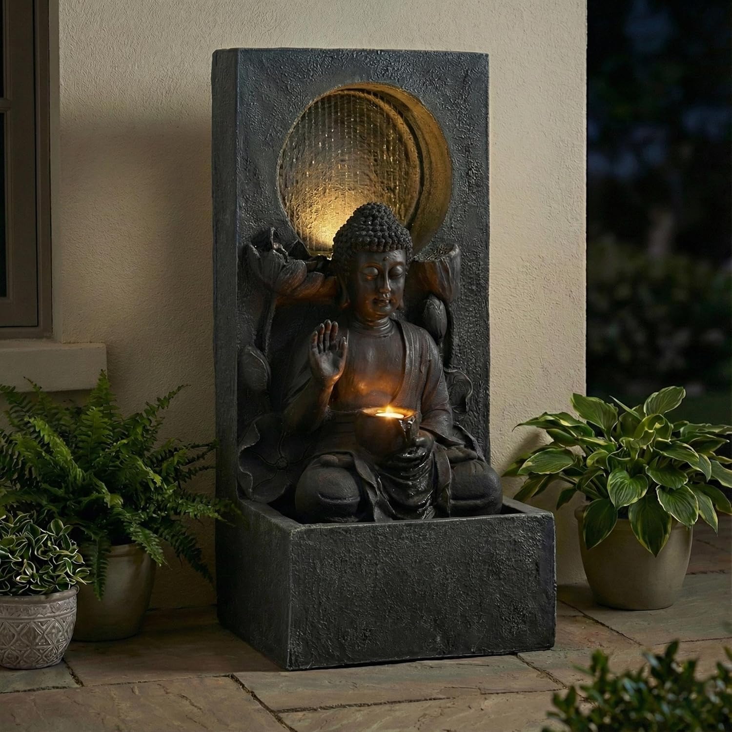 28" Outdoor Buddha Water Fountain with LED Lights, Zen Freestanding Resin Waterfall Fountain for Patio Garden Backyard, Feng Shui Indoor Outdoor Decor, Black