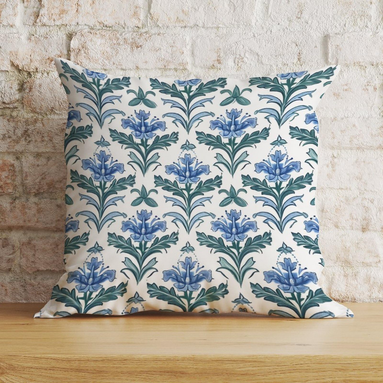 Zyadsinoudor Blue Floral Throw Pillow Cover Asian Chinese Pillow Case 20x20in Decorative Pillow Home Cotton Linen Boho Accent Pillowcase For Living Room Home Sofa Couch Housewarming Gift