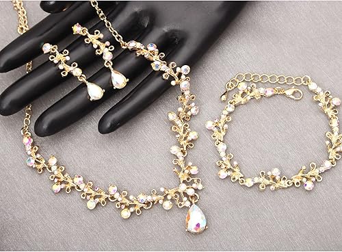 Vista 5 de Juego de 3 piezas de joyería de cristal austriaco para mujer, collar y aretes colgantes, pulsera de eslabones con chapado en oroplatinoarma, joyería