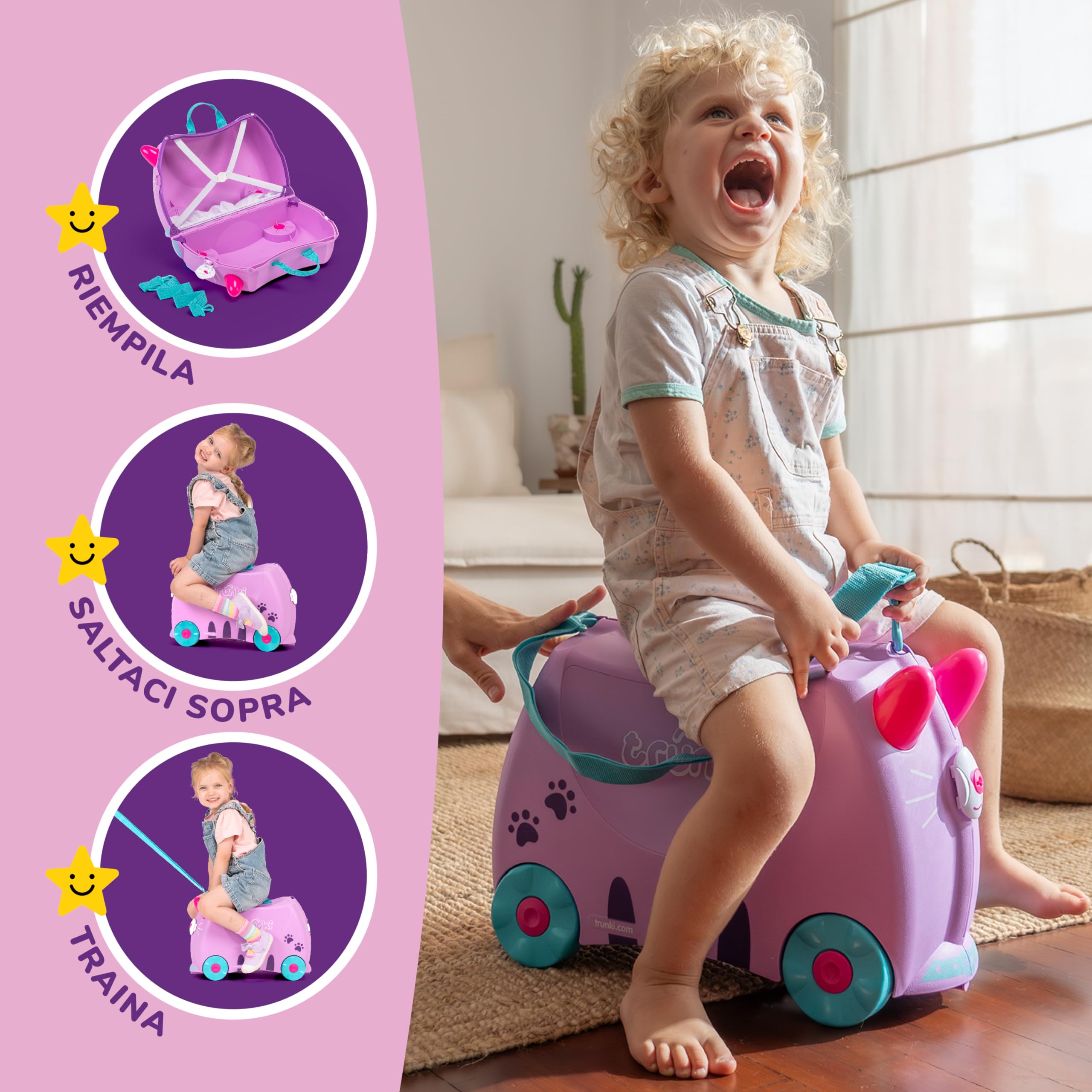 Trunki Valigia Cavalcabile per Bambini – Trolley Bambini Bagaglio a Mano – Valigia Cavalcabile Cassie Gatta (Lilla)