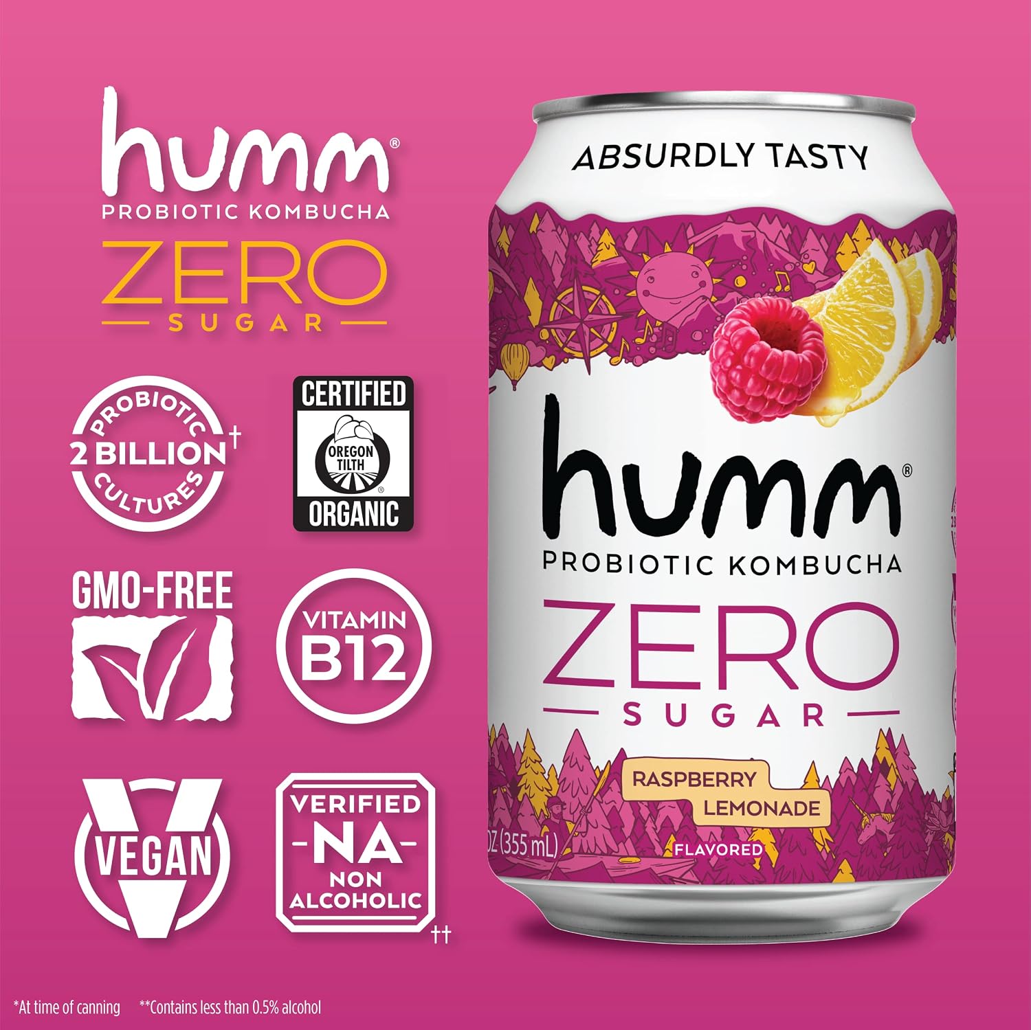 Humm Probiotic Kombucha Zero Sugar Raspberry Lemonade - No Refrigeration Needed, Keto-Friendly, Organic, Vegan, Gluten-Free - 12oz Cans (4 Pack)
