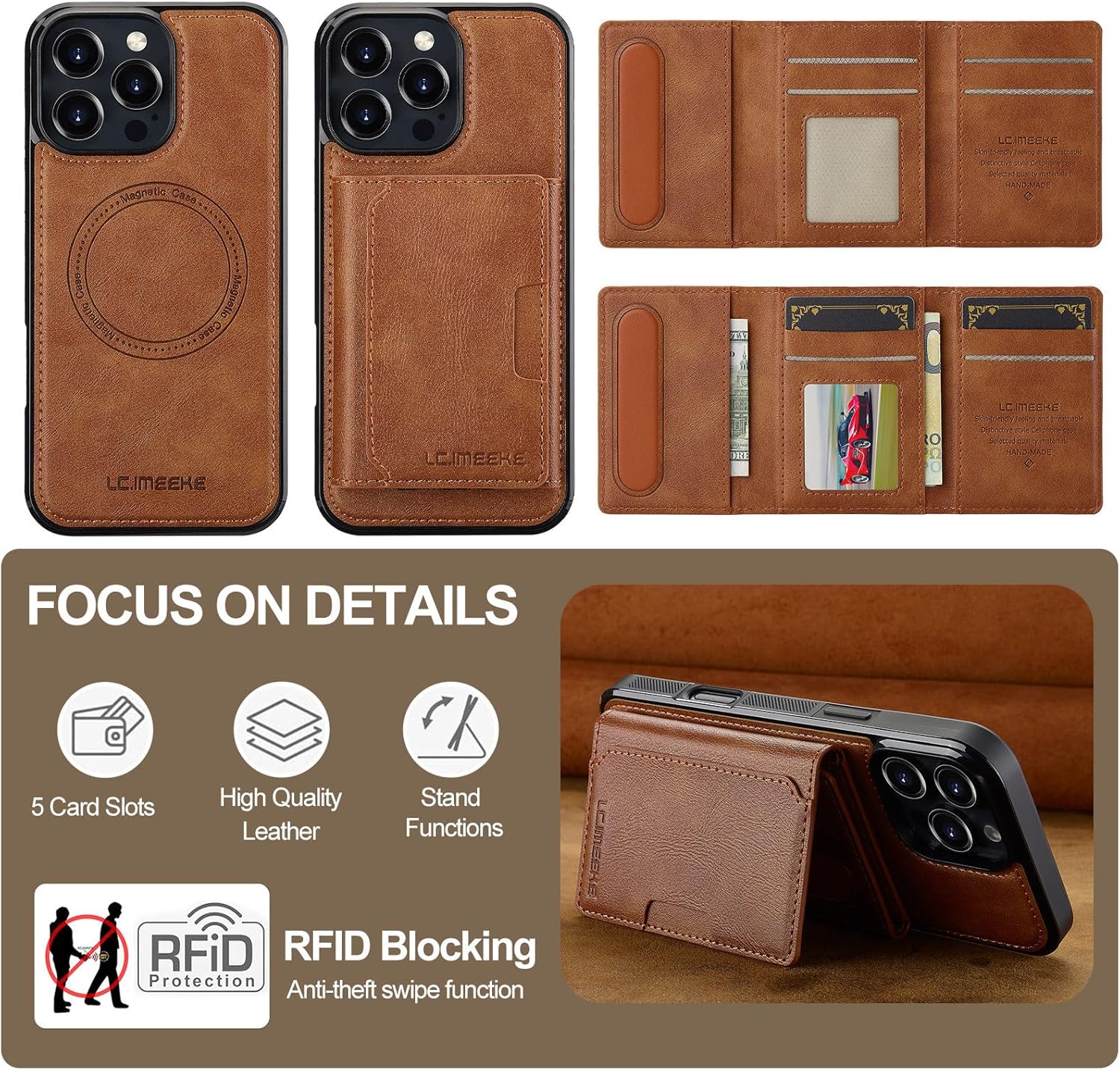 SZHAIYU L5 2 in 1 Detachable Leather Wallet and Phone Cases Compatible with iPhone 16 Pro Max Case with Card Holder RFID Blocking, Compatible with Magsafe Charging 6.9'' (Brown,IP 16 Pro Max) - Image 3