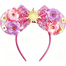 bianbaistar Pink Sun Flower Mouse Ears Headband with Sequin Bow, Stretchy Lightweight Hair Hoop for Adults & Women, Fashion Accessory for Theme Park Party Cosplay