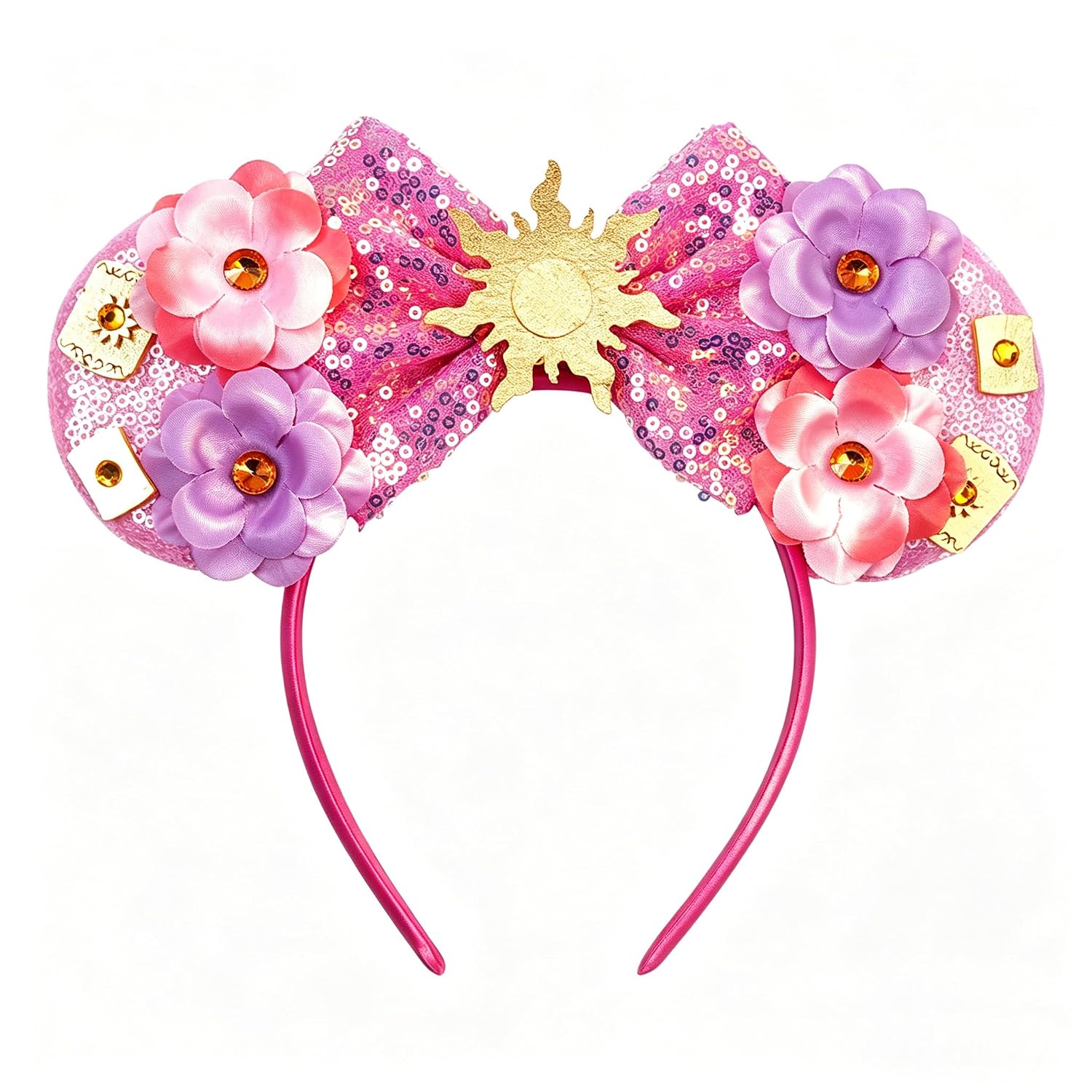 bianbaistar Pink Sun Flower Mouse Ears Headband with Sequin Bow, Stretchy Lightweight Hair Hoop for Adults & Women, Fashion Accessory for Theme Park Party Cosplay