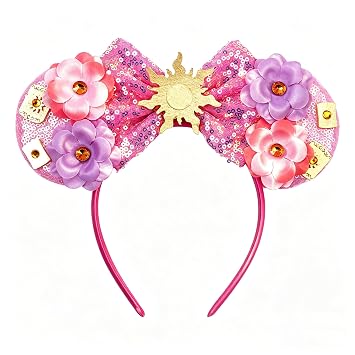 bianbaistar Pink Sun Flower Mouse Ears Headband with Sequin Bow, Stretchy Lightweight Hair Hoop for Adults & Women, Fashion Accessory for Theme Park Party Cosplay