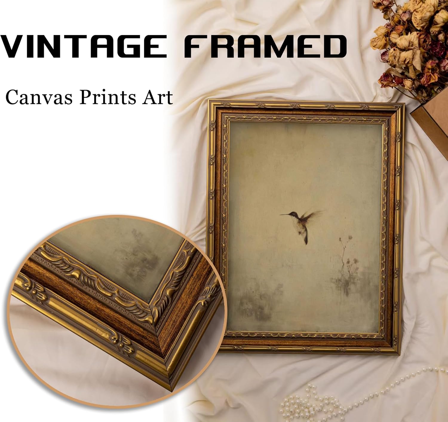 Vintage Gold Framed Hummingbird Wall art, Antique Flying Bird Oil Painting Canvas Print, Rural Nature Cottagecore Wall Decor, Rustic Farmhouse Pciture Poster Artwork for Living Room Bedroom Bathroom
