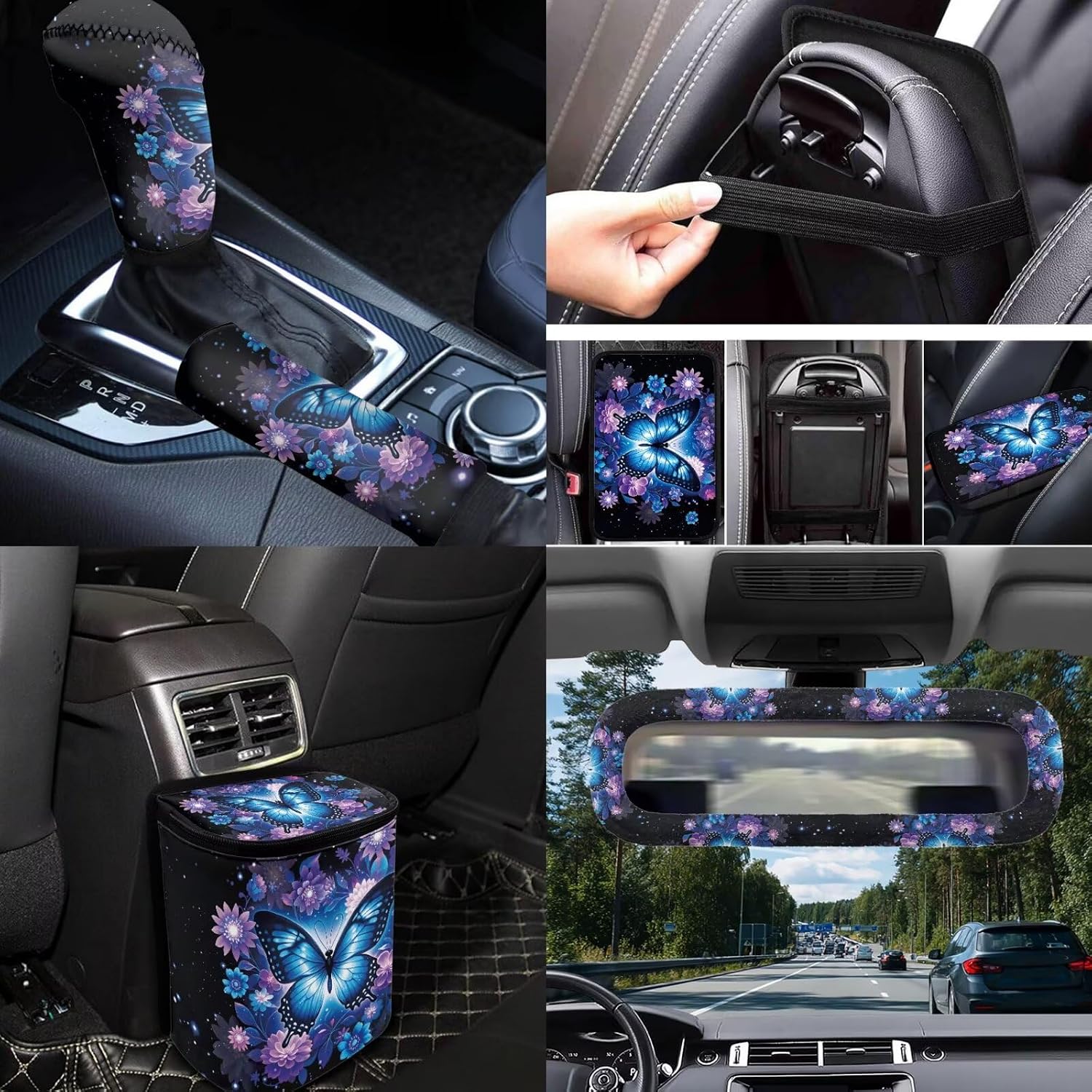Butterfly Car Seat Covers Full Sets of 14 Pack,Blue Butterfly Car Accessories Sets for Women with Rear View Mirror Cover,Steering Wheel Car Covers,Cup Coasters,Hanging Trash Bag,Universal Fit image 4