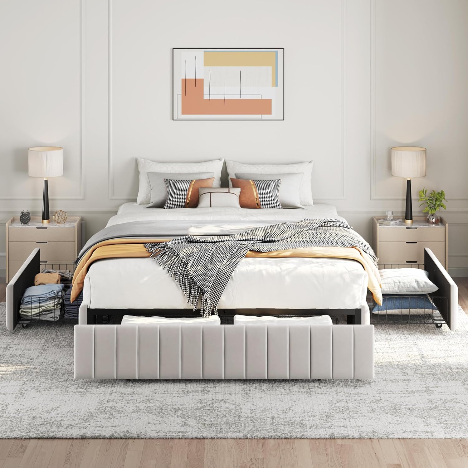 Yaheetech bed frame with storage drawers open