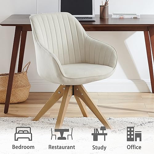 Miniatura 5 de Art Leon Silla giratoria moderna de mediados de siglo con patas de madera de roble, silla de escritorio sin ruedas, sillón para escritorio, blanco