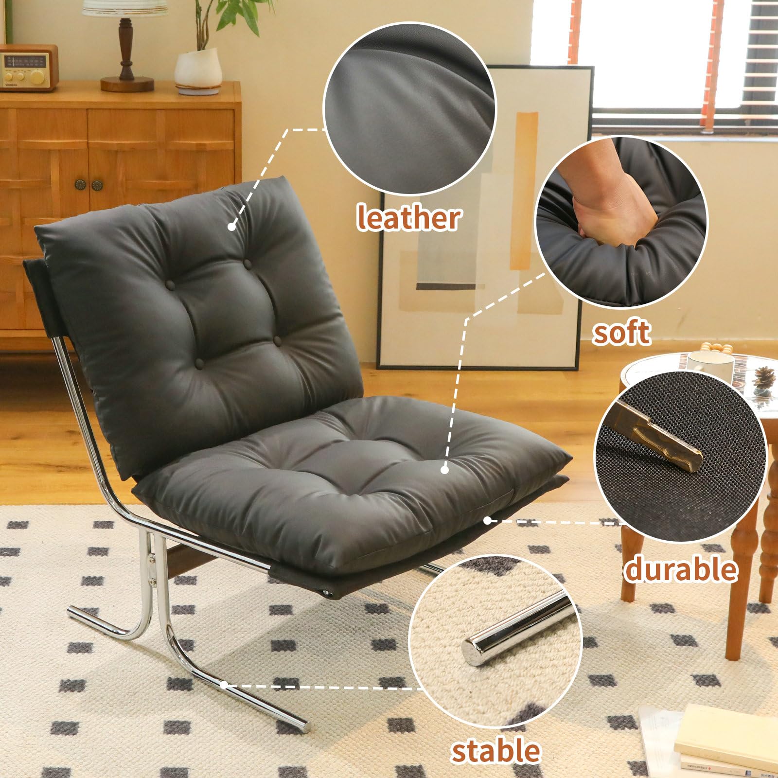 Bladez Poltrona lounge in ecopelle, stile Barcelona, con gambe in metallo, poltrona da lettura imbottita con rivestimento rimovibile, moderna poltrona relax per soggiorno, camera da letto e balcone