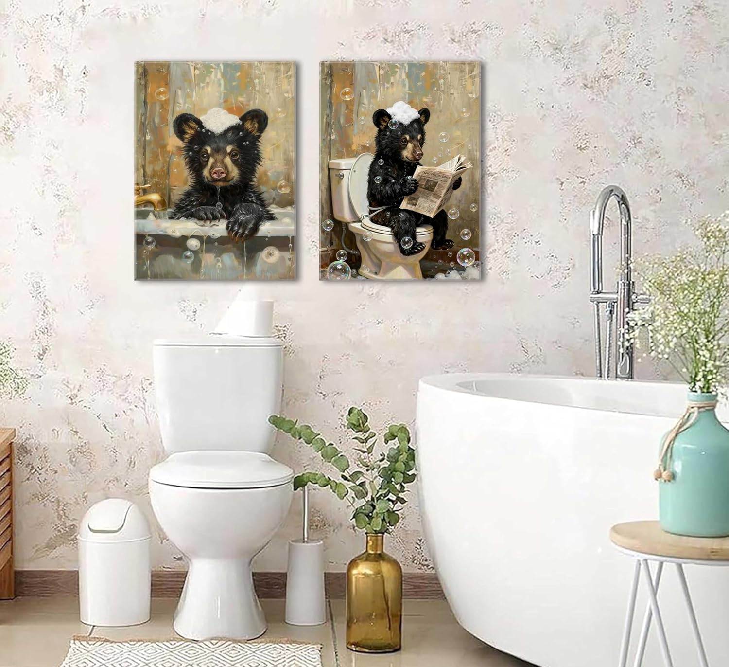 2Pcs Bear Bathroom Canvas Wall Art Funny Animal Paintings Black Bear Sitting in Bathtub Pictures Wall Decor Cute Humorous Posters Prints for Bathroom Restroom Home Decoration Framed