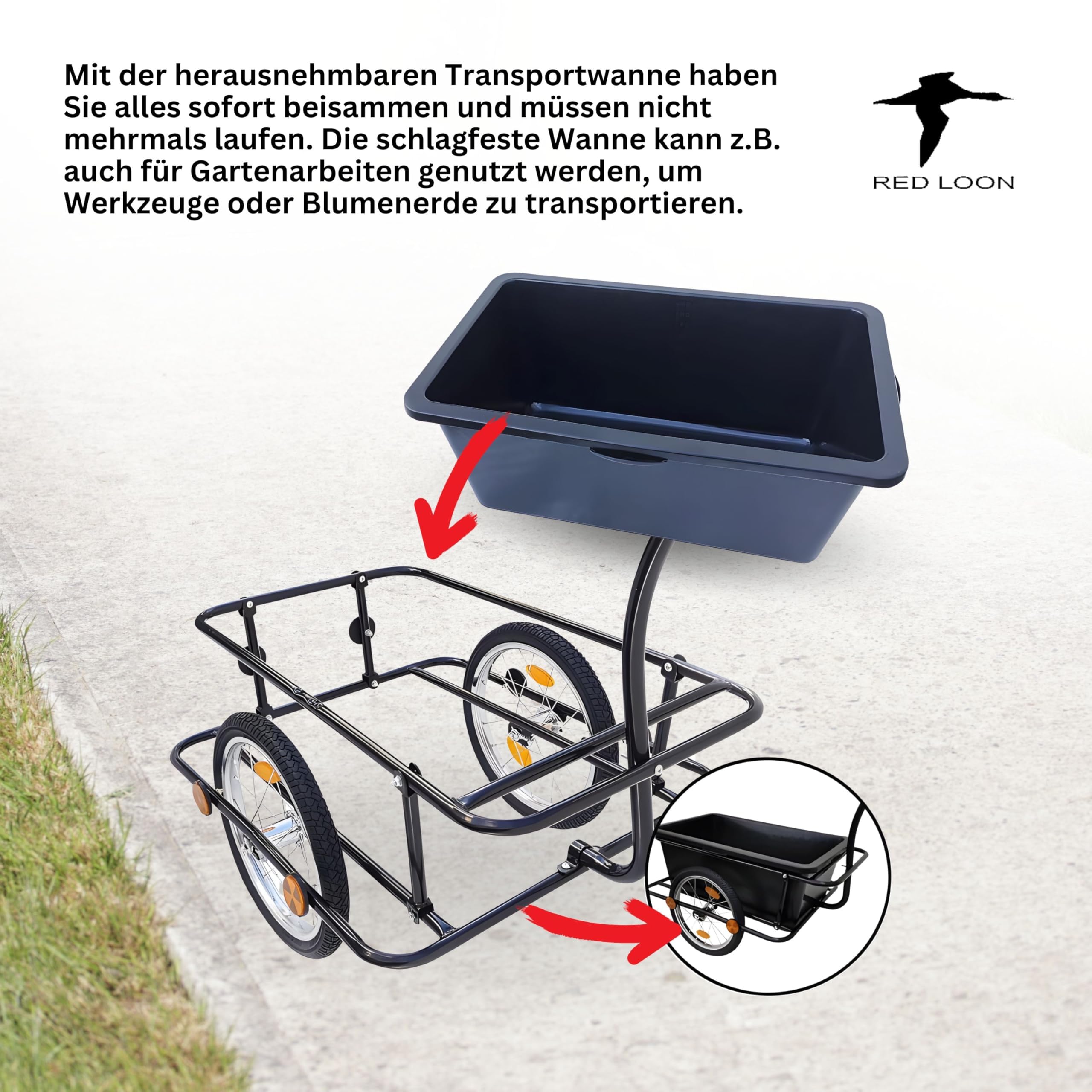 2in1 Fahrradanhänger Lastenanhänger Transportwagen Handwagen - Red Loon Transportanhänger BAC409 - abnehmbare 90 Liter Wanne - max. 80kg - Anhänger für 26-28