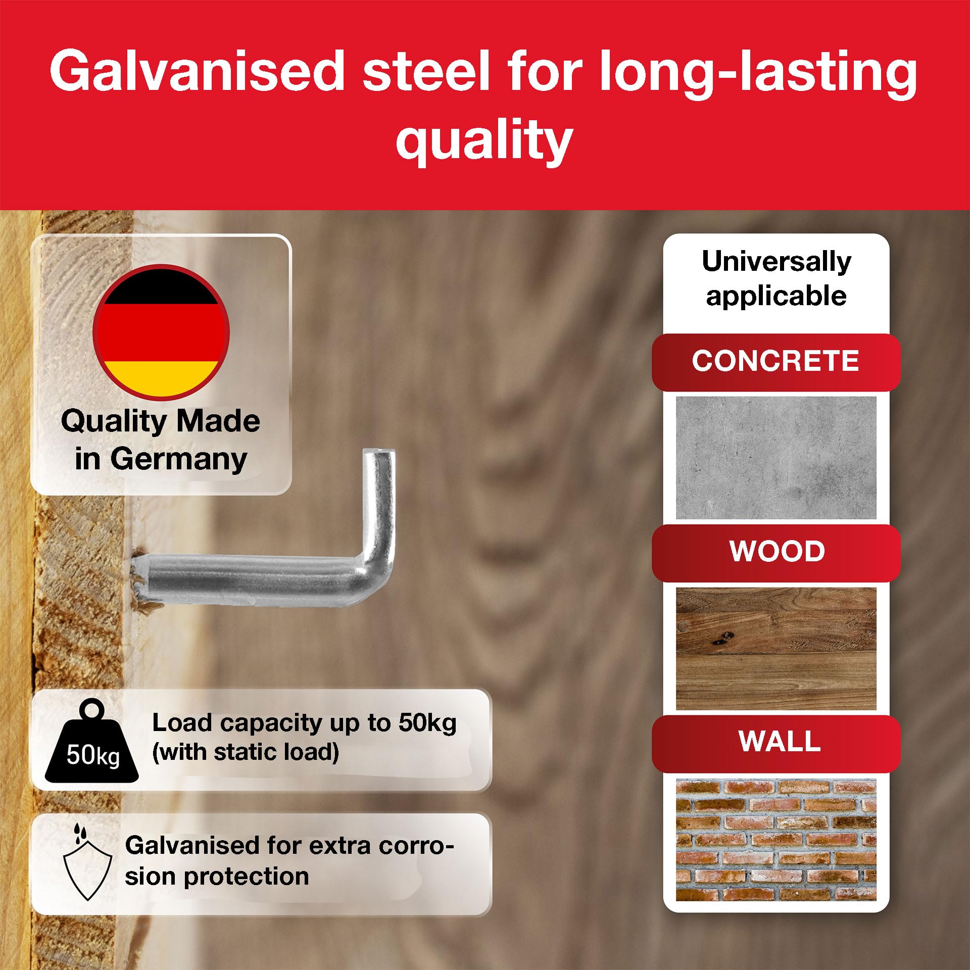 LouMaxx Screw Hooks 5.8 x 60 mm Set of 25 Angle Screws Shelf Hooks with Load Capacity up to 50 kg Hooks Galvanised Screws Robust Wall Hooks Screws for Pictures, Shelves & More - Image 2