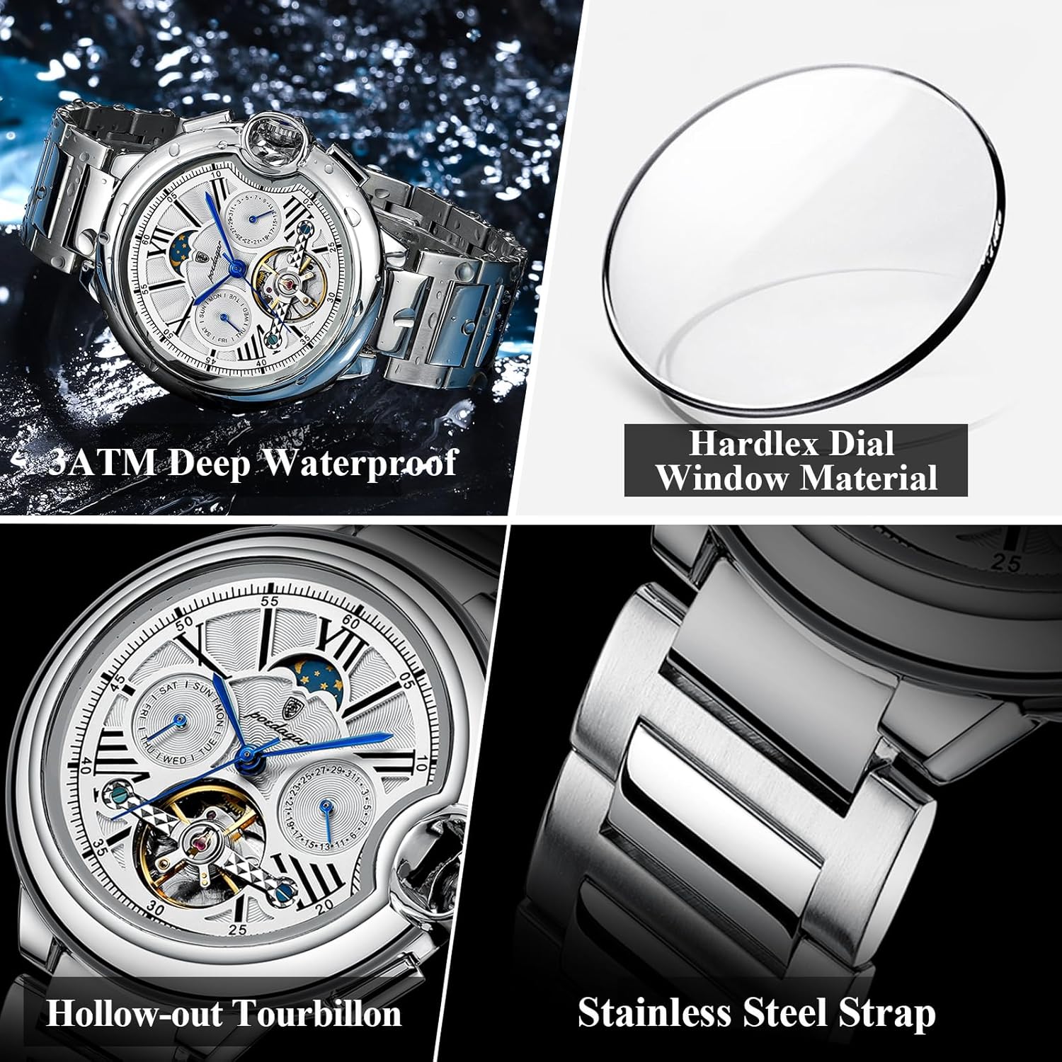 Diamond Skeleton Automatic Mechanical Watch Stainless Steel Mesh Band Luminous Hand Men Watches Sport Business Wristwatch