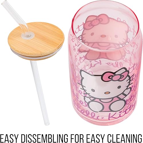 Miniatura 6 de Silver Buffalo Sanrio Hello Kitty - Vaso de vidrio con tapa de bambú y popote de vidrio, 16 onzas